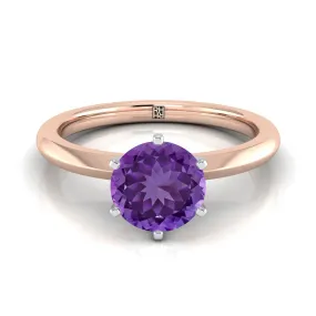 14K Rose Gold Round Brilliant Amethyst Pinched Comfort Fit Claw Prong Solitaire Engagement Ring