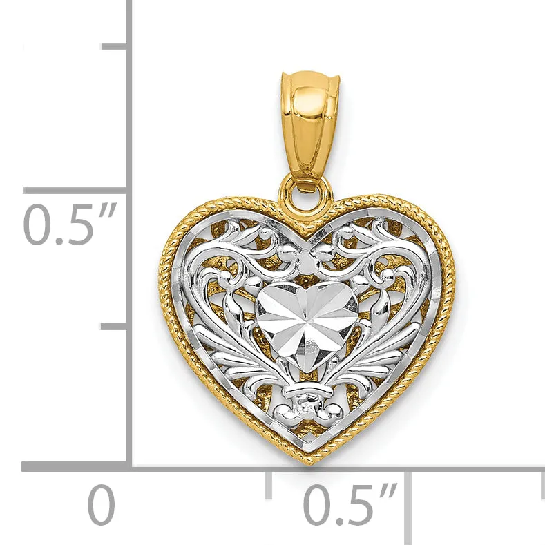 14K Two-tone Polished D.C Reversible Design Heart Pendant