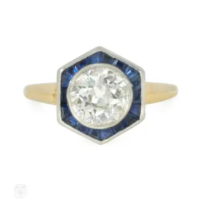 An antique hexagonal diamond and sapphire ring