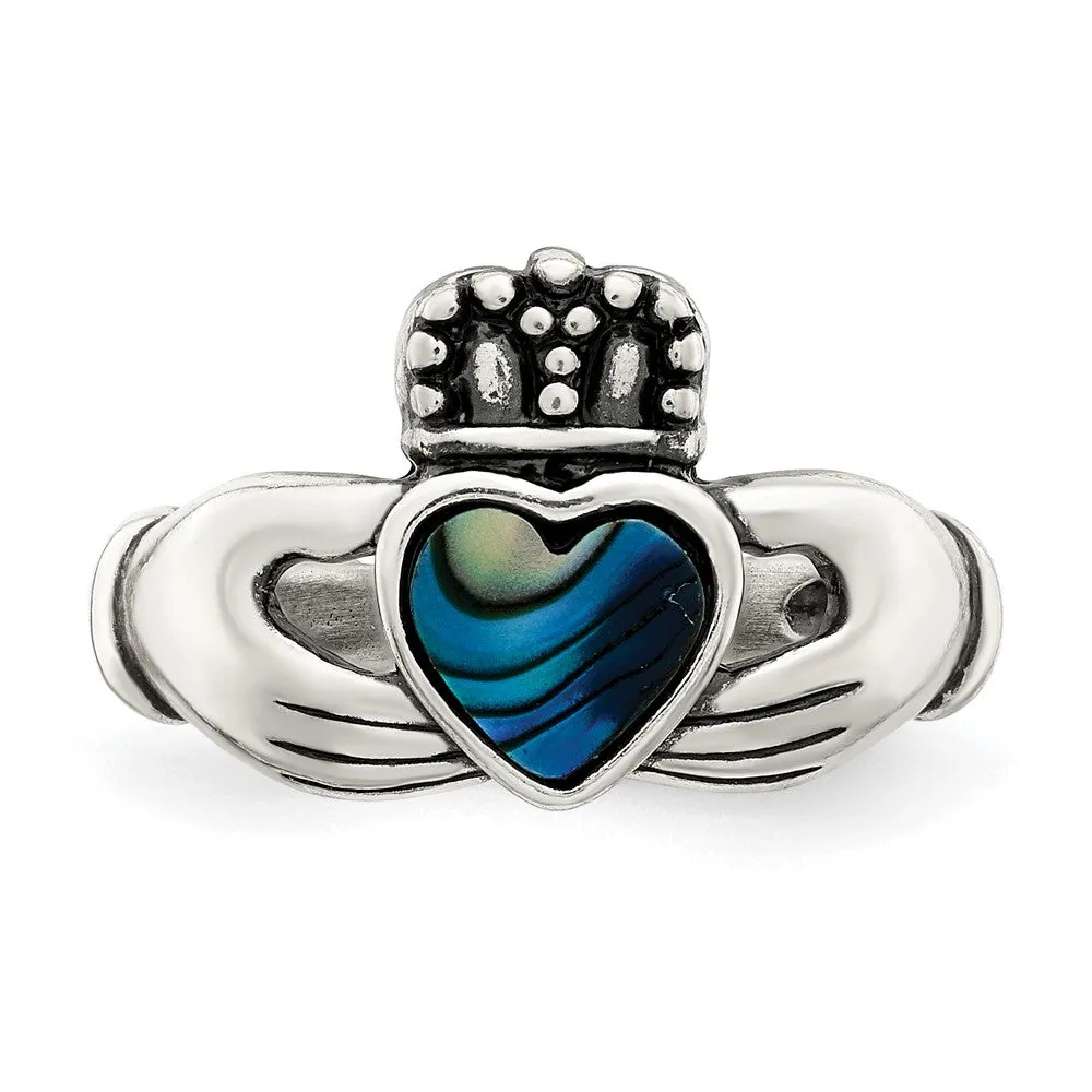 Antiqued Abalone Inlay & Black Enamel Claddagh Ring in Sterling Silver