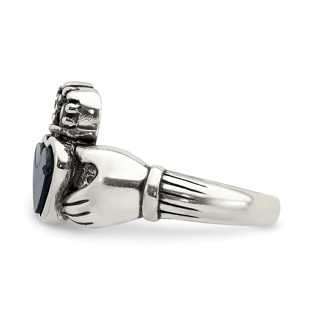 Antiqued Abalone Inlay & Black Enamel Claddagh Ring in Sterling Silver
