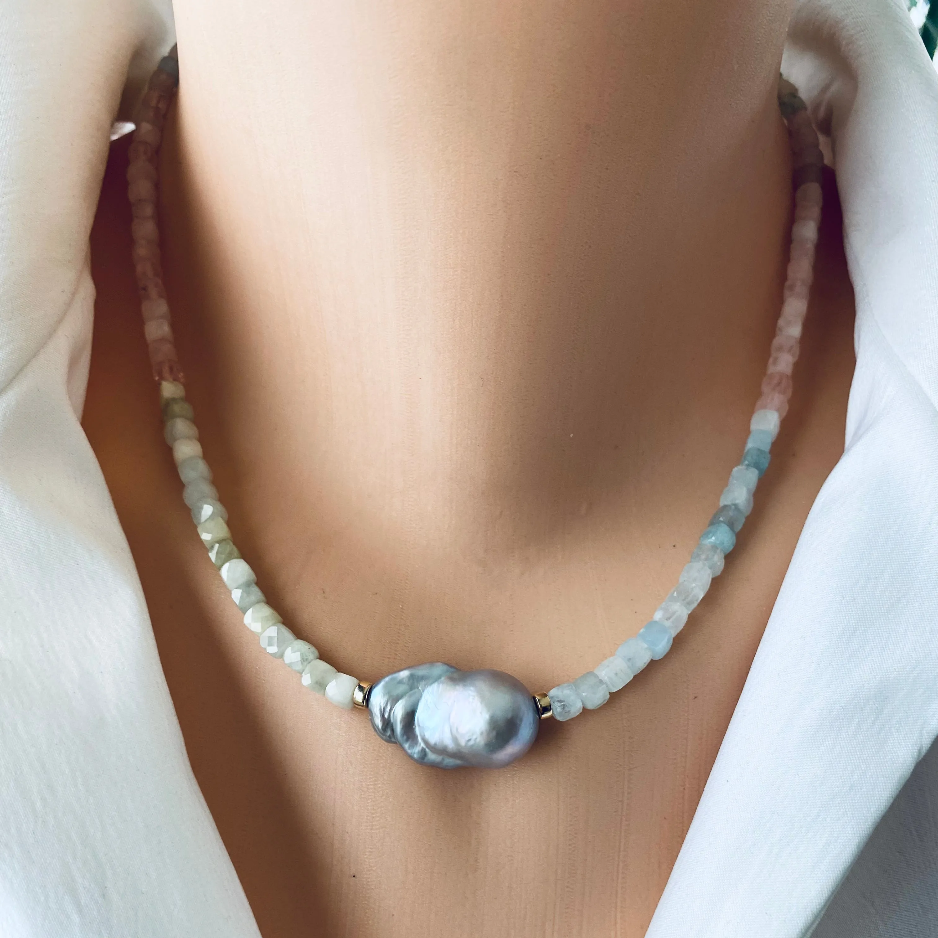 Aquamarine & Morganite Beaded Necklace w Freshwater Grey Baroque Pearl, Gold Filled Details, 17inches, March Birthstone