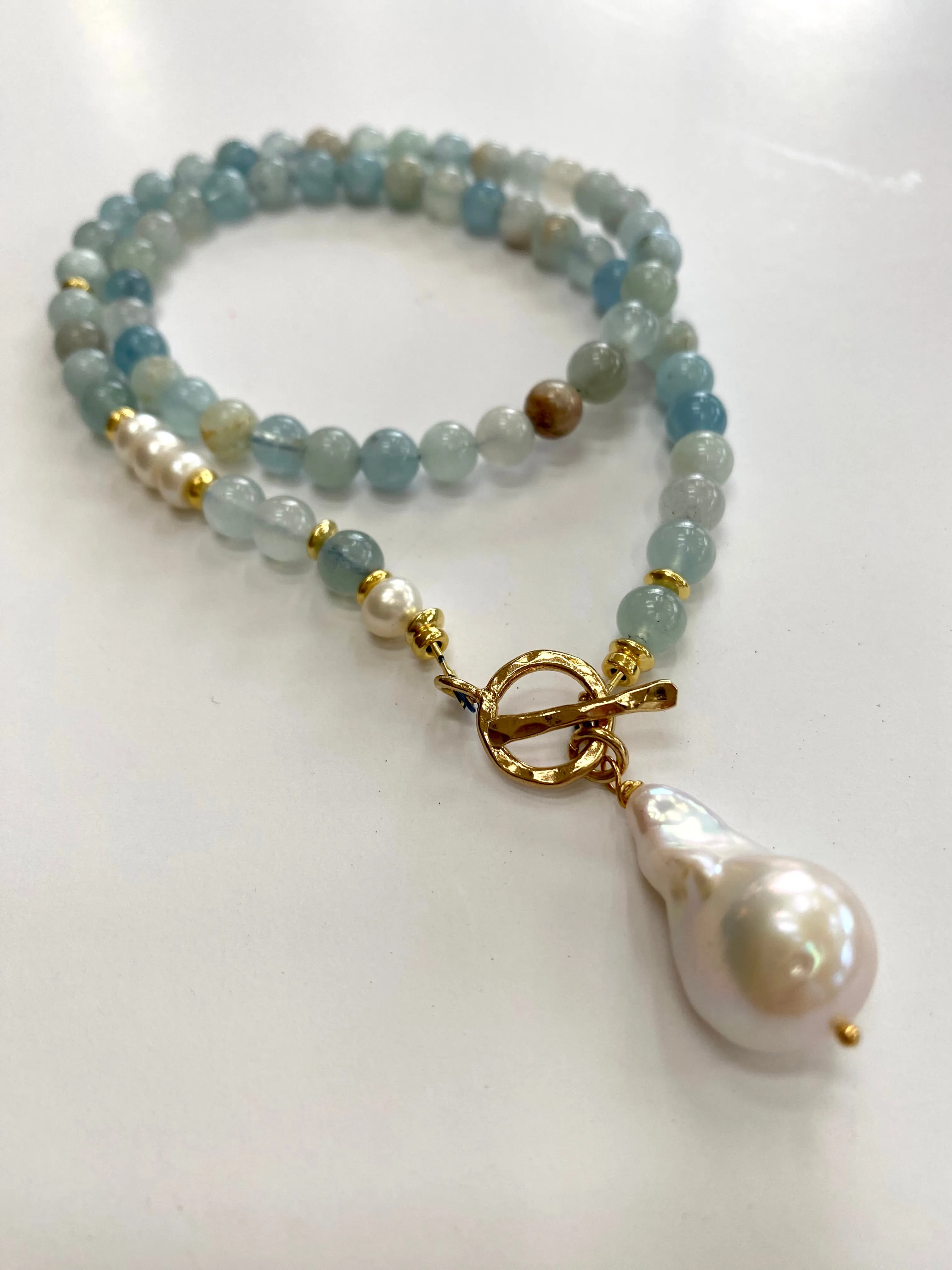 Aquamarine & Pearl Beaded Necklace, Baroque Pearl Pendant, Gold Vermeil Plated Silver Details, March Birthstone, 17.5-18inches
