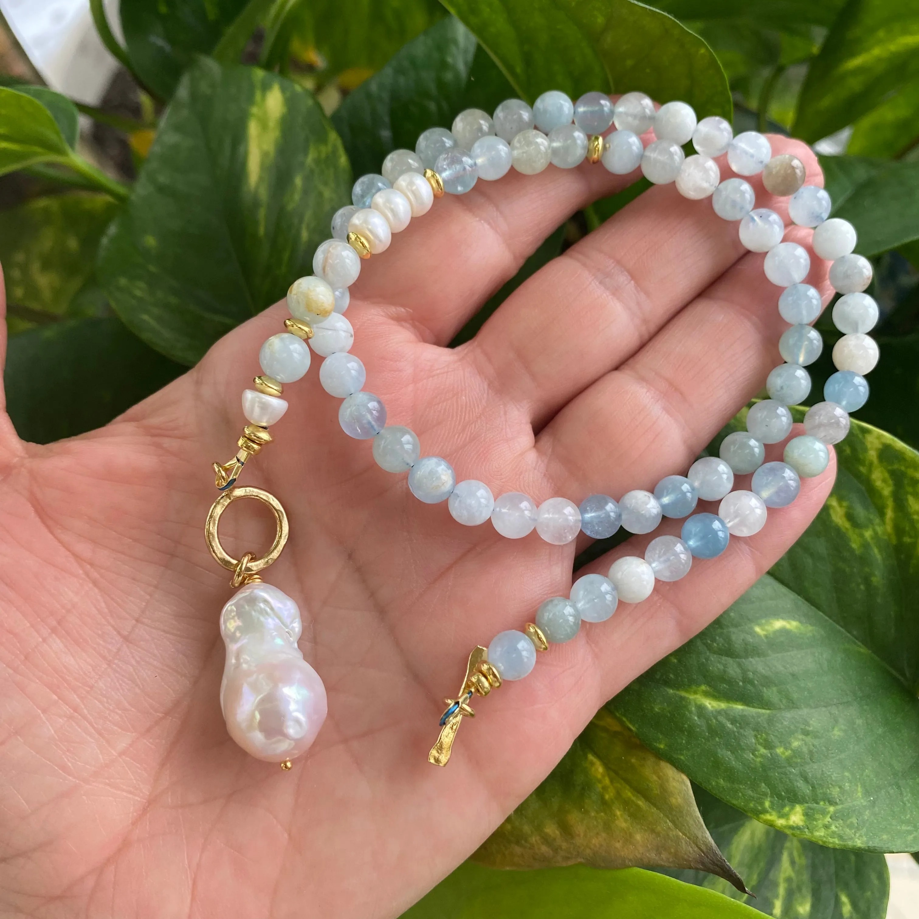Aquamarine & Pearl Beaded Necklace, Baroque Pearl Pendant, Gold Vermeil Plated Silver Details, March Birthstone, 17.5-18inches