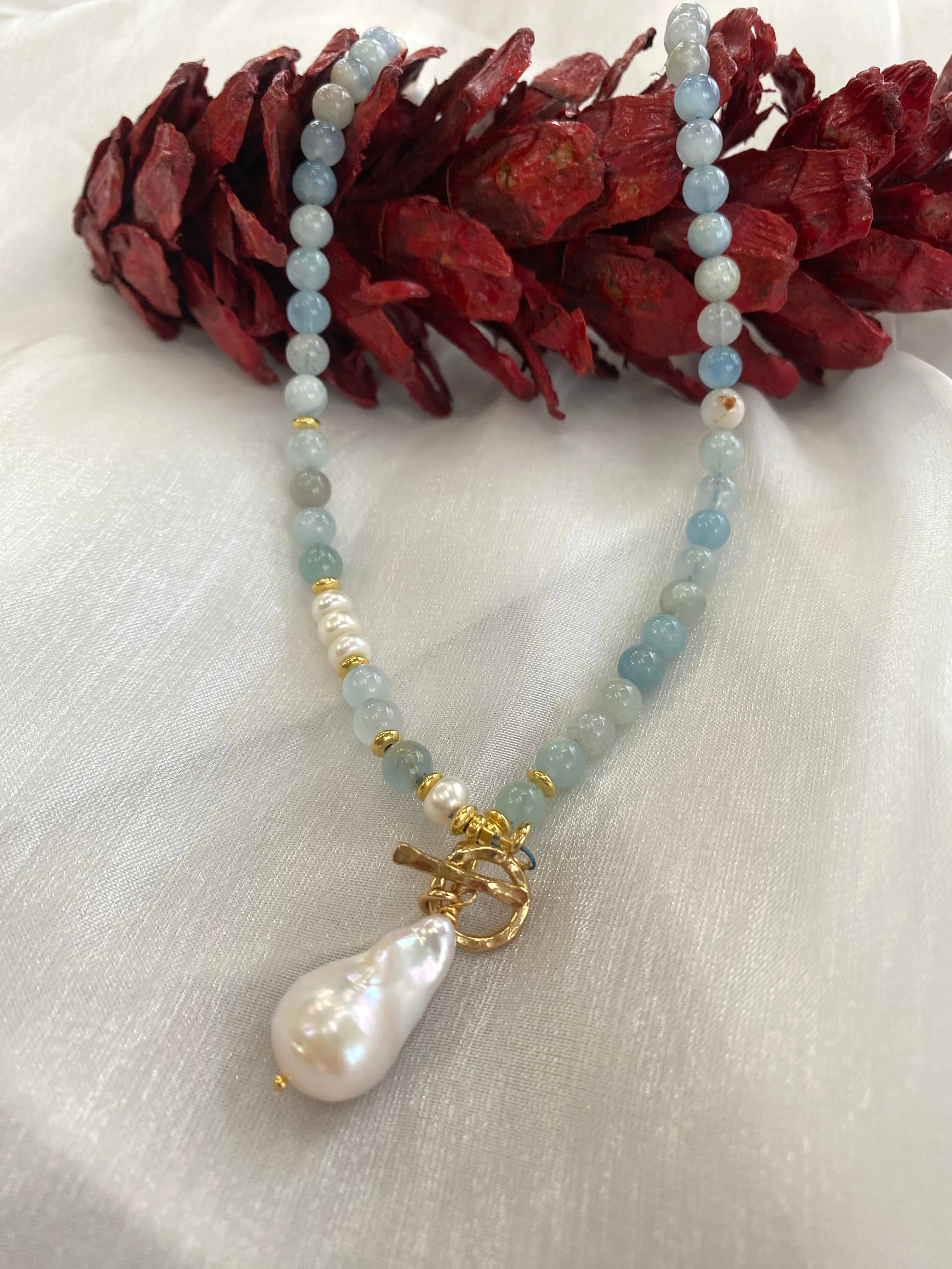Aquamarine & Pearl Beaded Necklace, Baroque Pearl Pendant, Gold Vermeil Plated Silver Details, March Birthstone, 17.5-18inches