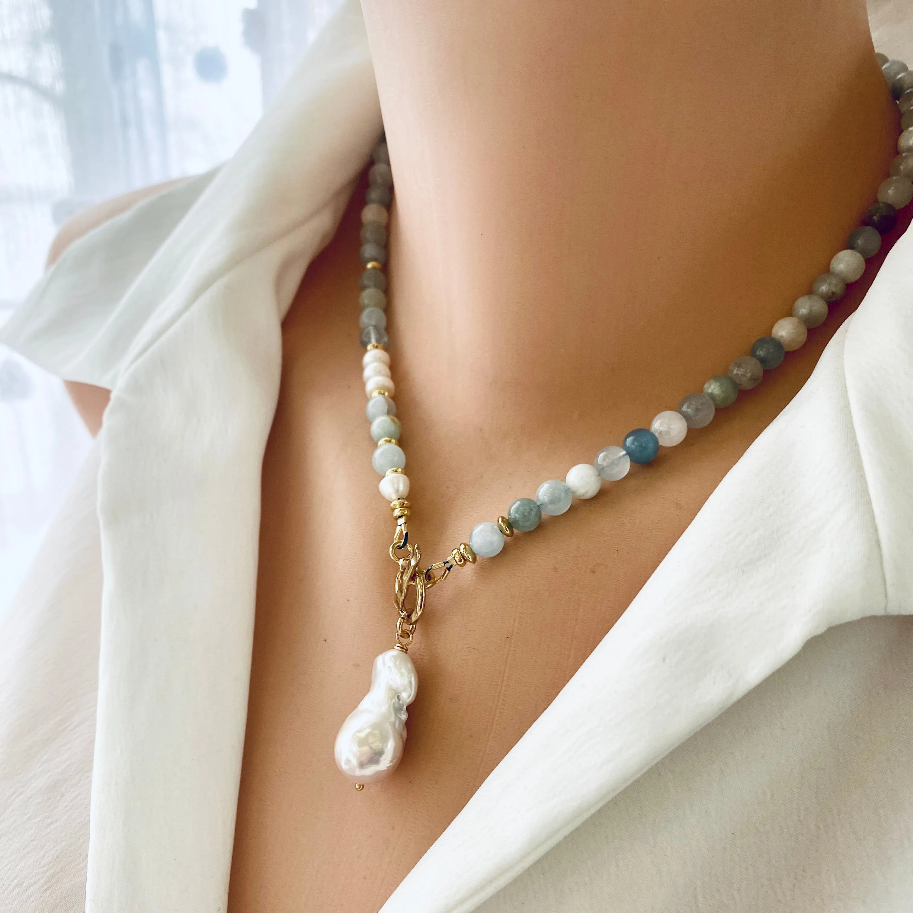 Aquamarine & Pearl Beaded Necklace, Baroque Pearl Pendant, Gold Vermeil Plated Silver Details, March Birthstone, 17.5-18inches