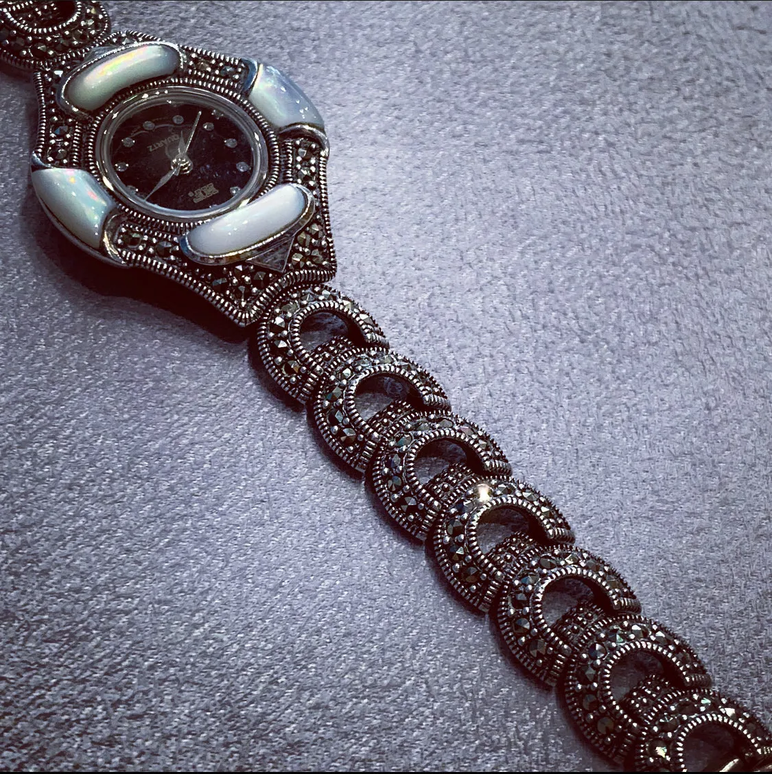 Art Deco watch in mother  of pearl Marcasite Sterling Silver