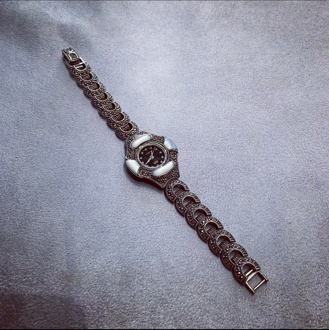 Art Deco watch in mother  of pearl Marcasite Sterling Silver