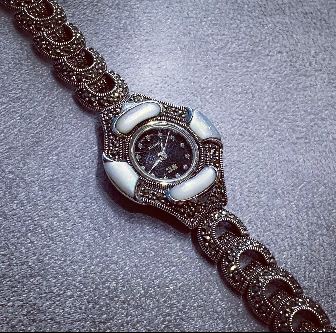 Art Deco watch in mother  of pearl Marcasite Sterling Silver
