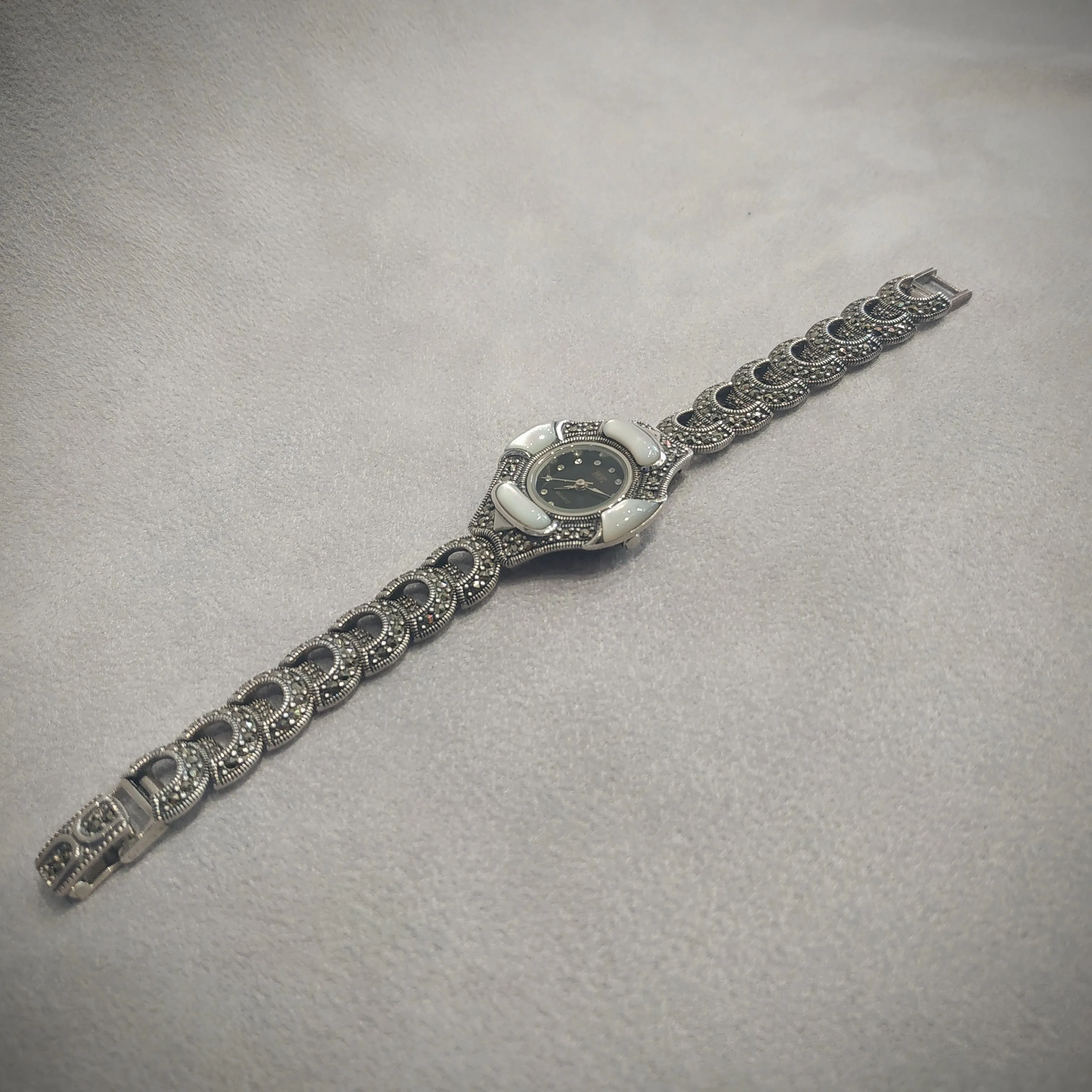 Art Deco watch in mother  of pearl Marcasite Sterling Silver