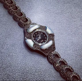 Art Deco watch in mother  of pearl Marcasite Sterling Silver