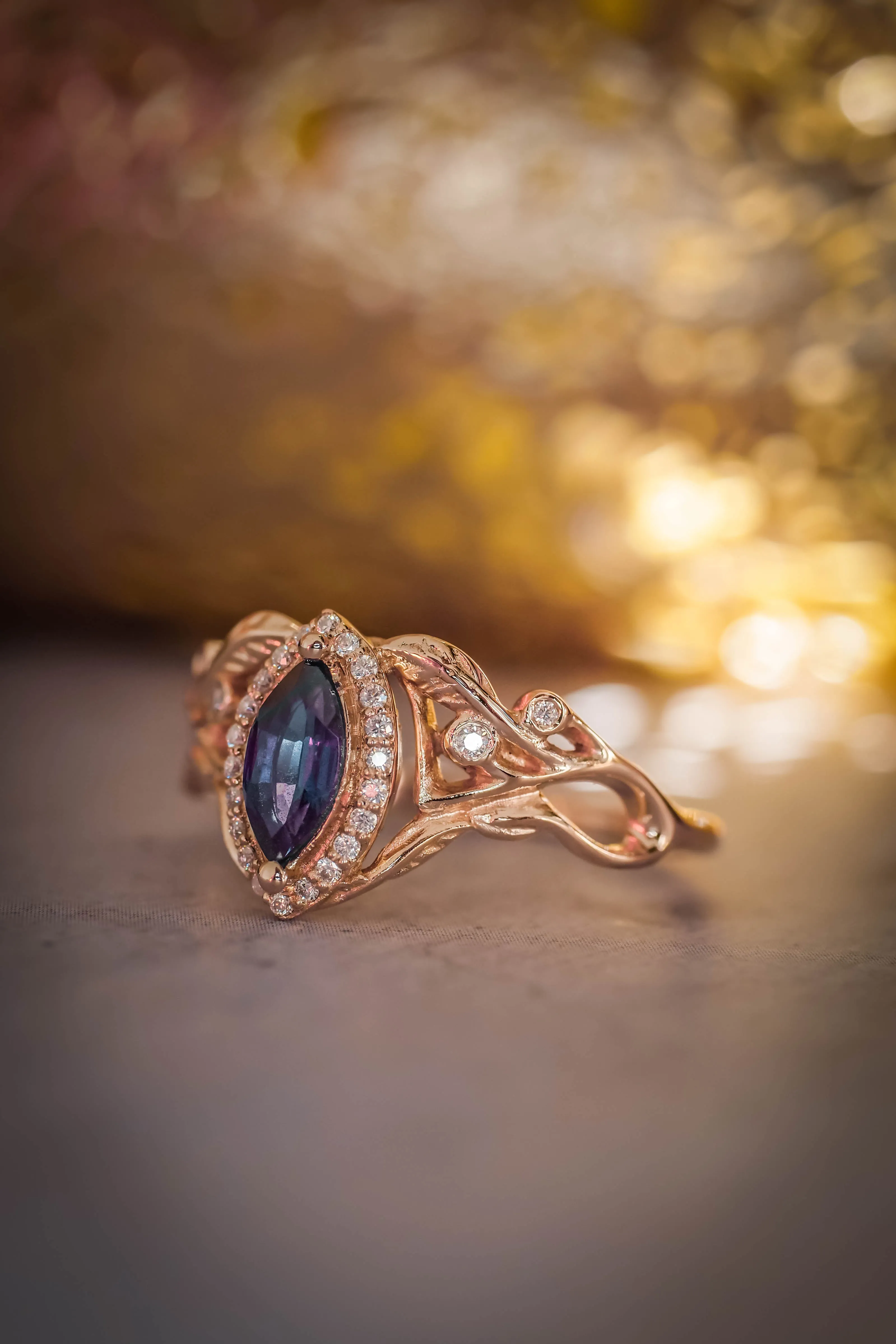 Art nouveau engagement ring with alexandrite and diamond halo / Callisto