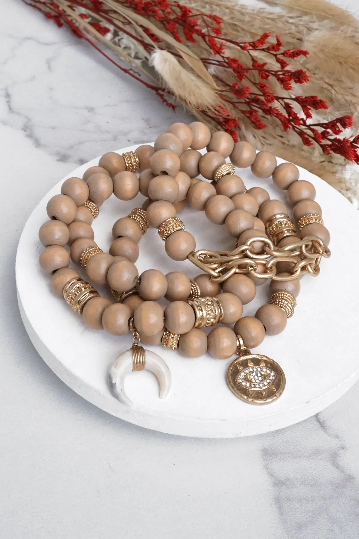 Beaded Boho Bracelets set of 4 with Gold Coin Neutral wooden Beads and Metal chain