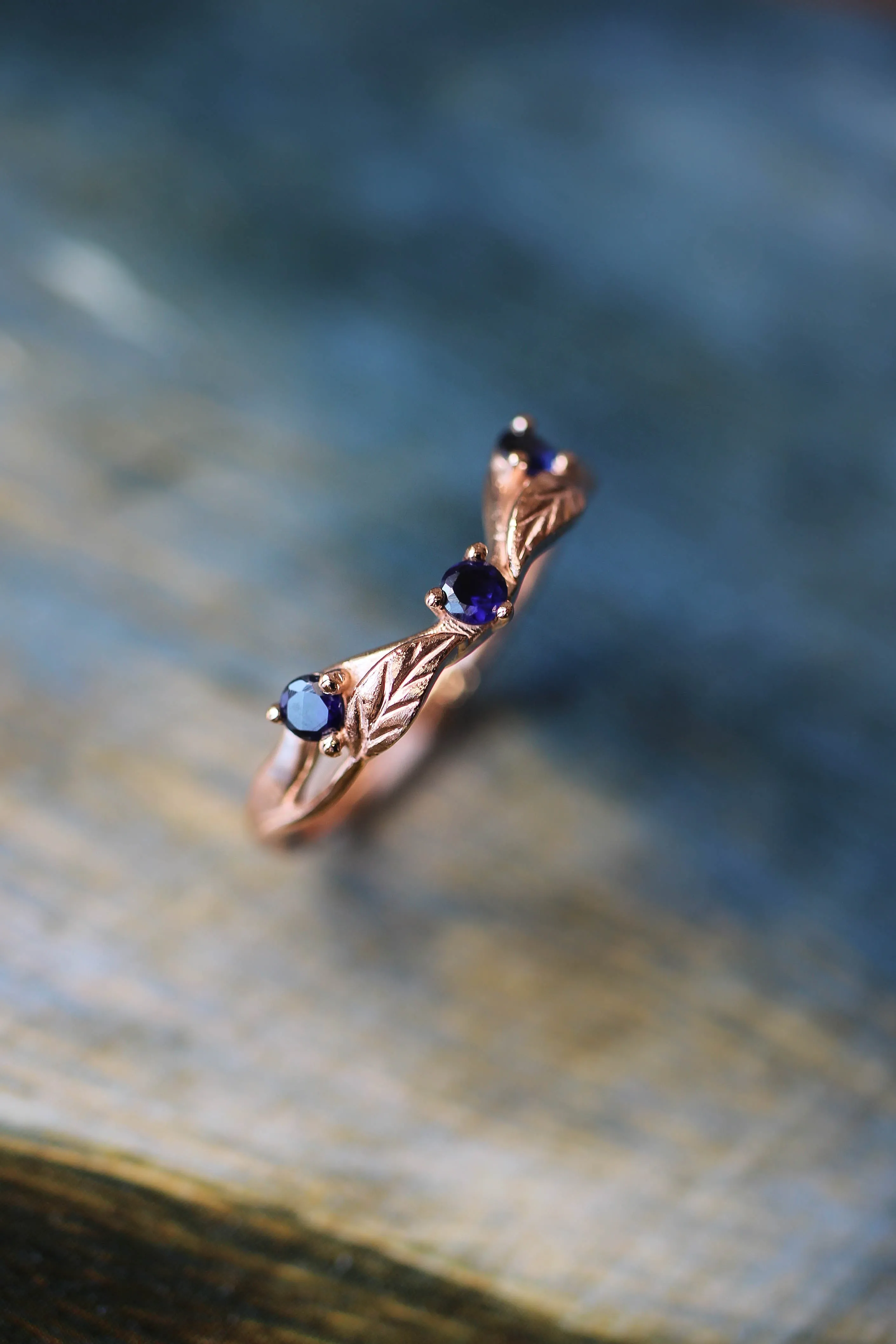 Curved wedding band with lab sapphires / matching band for Clematis