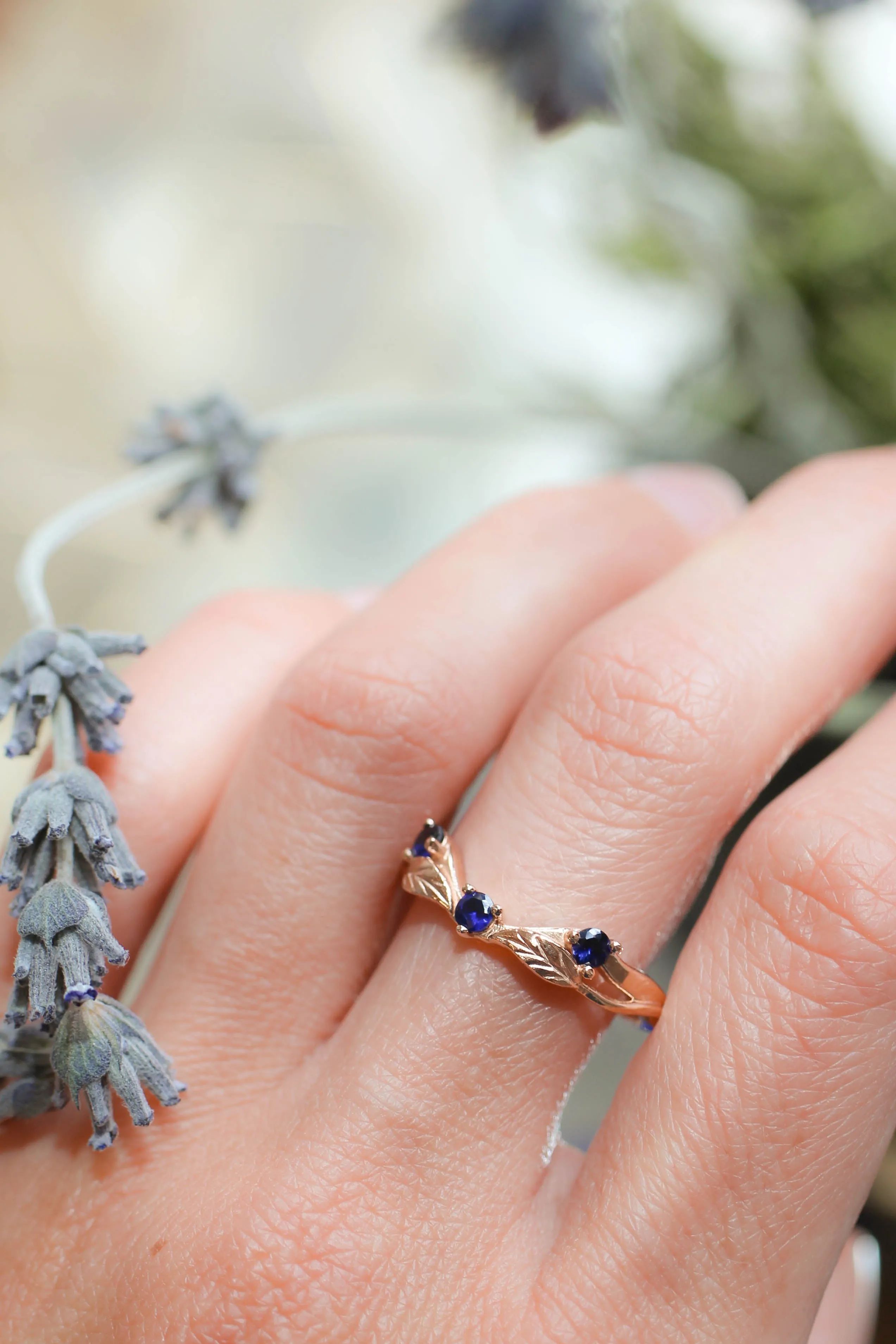 Curved wedding band with lab sapphires / matching band for Clematis