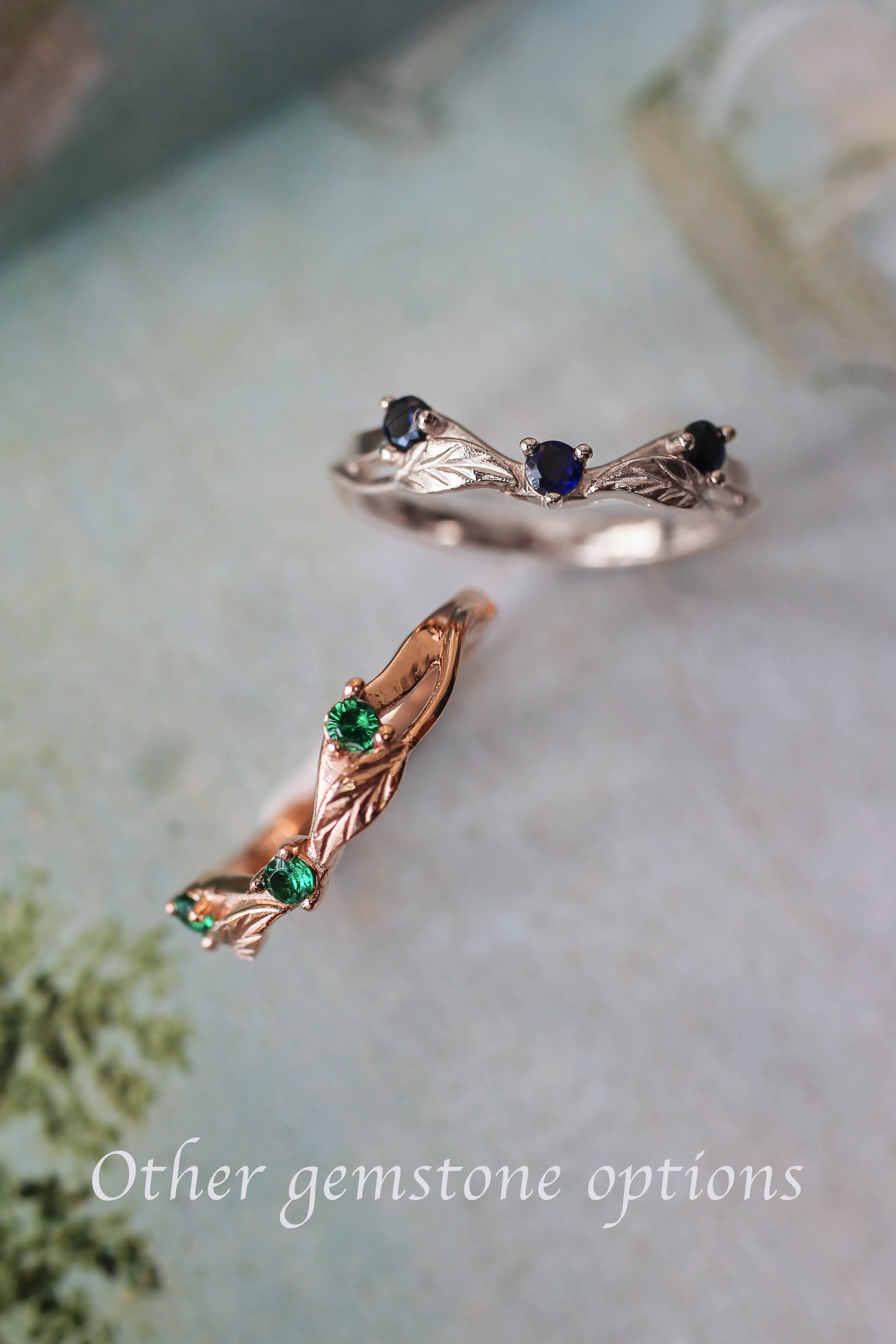 Curved wedding band with lab sapphires / matching band for Clematis