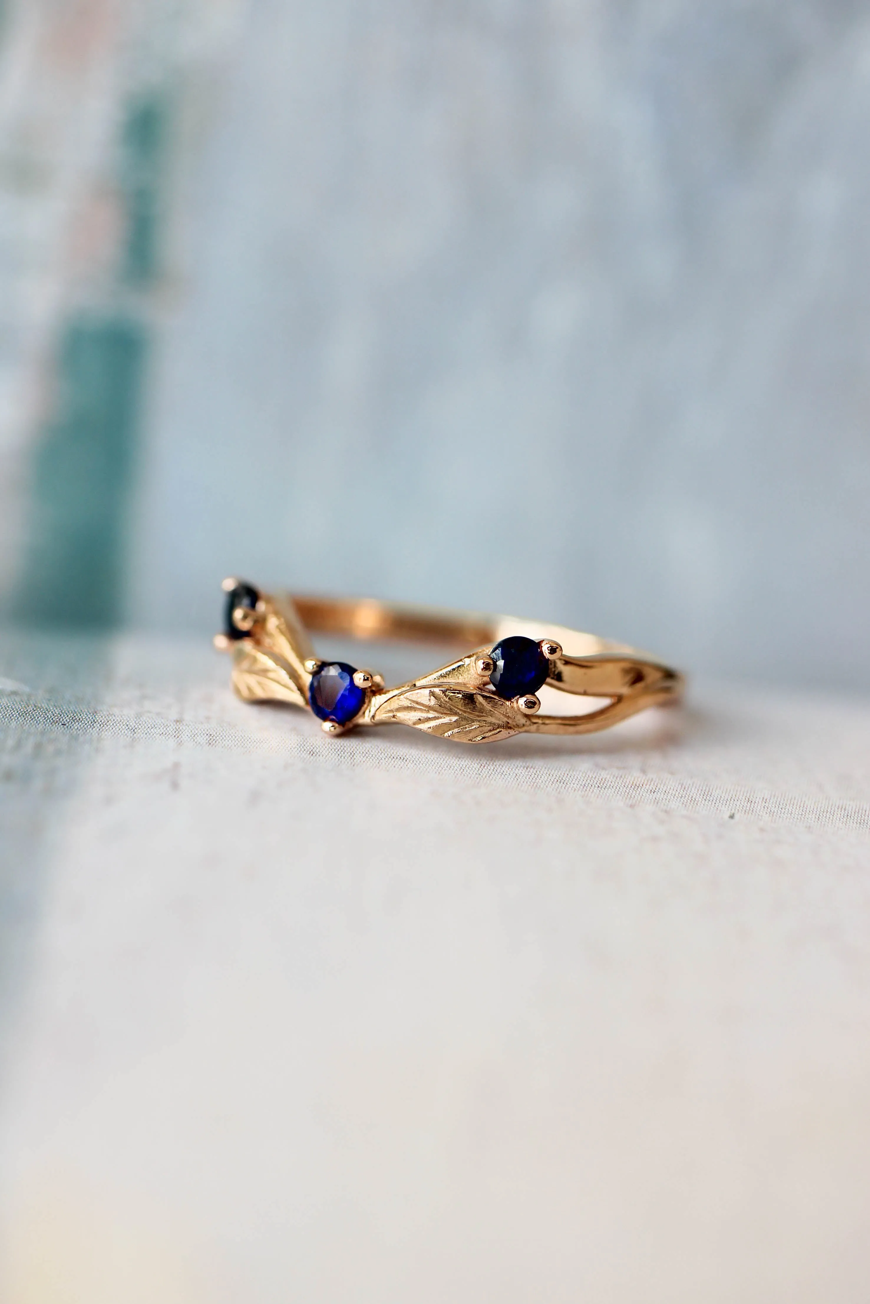 Curved wedding band with lab sapphires / matching band for Clematis