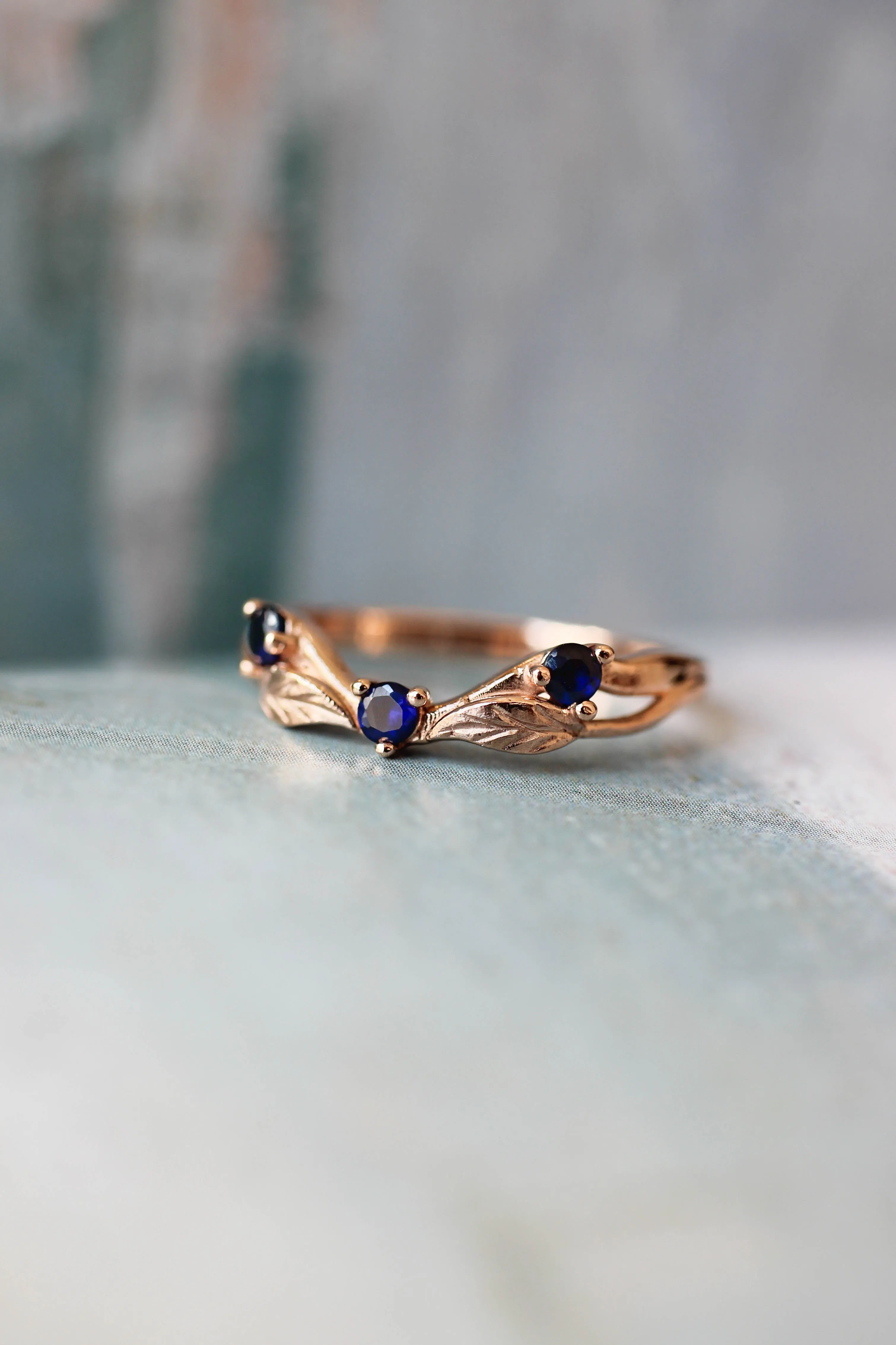 Curved wedding band with lab sapphires / matching band for Clematis