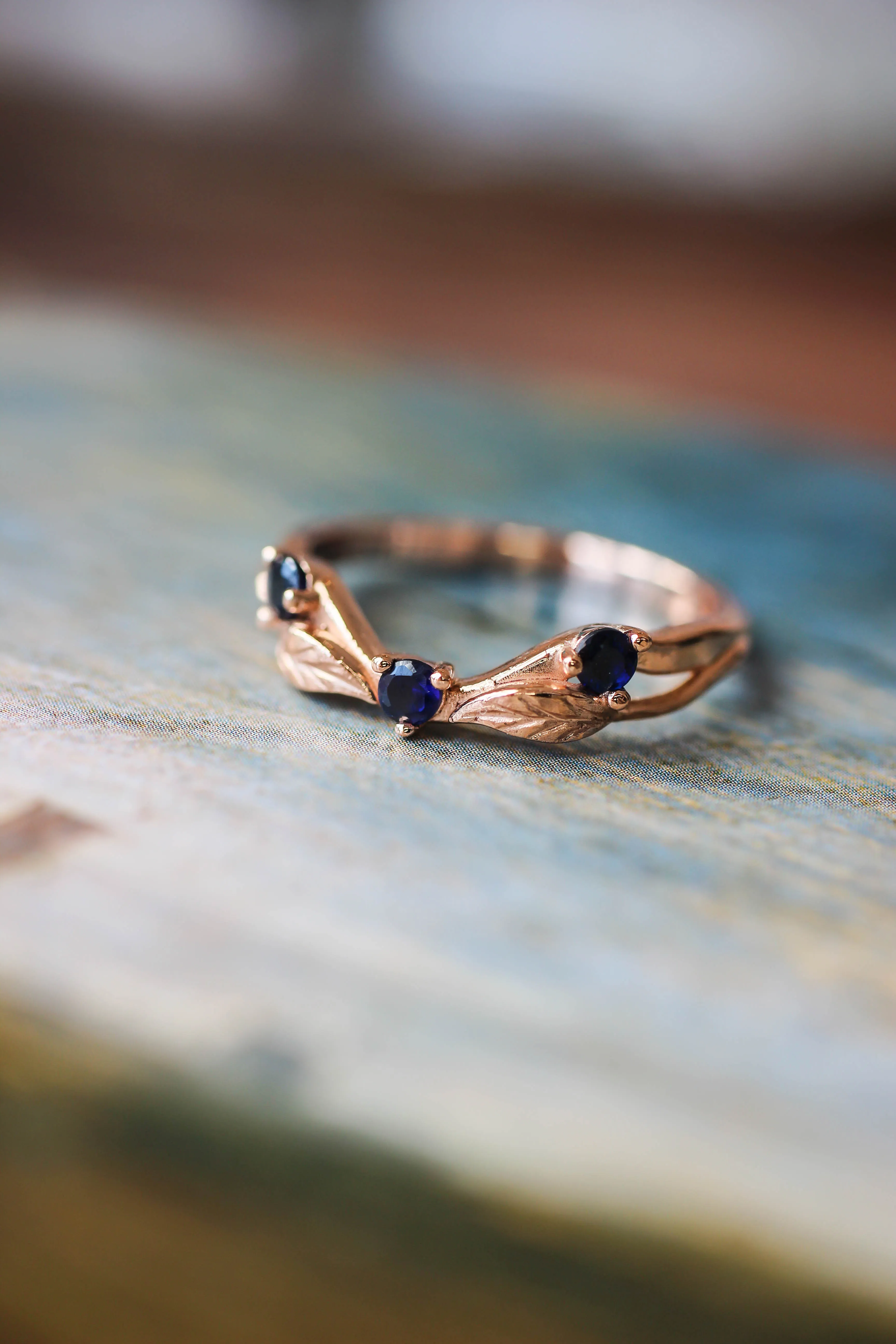 Curved wedding band with lab sapphires / matching band for Clematis