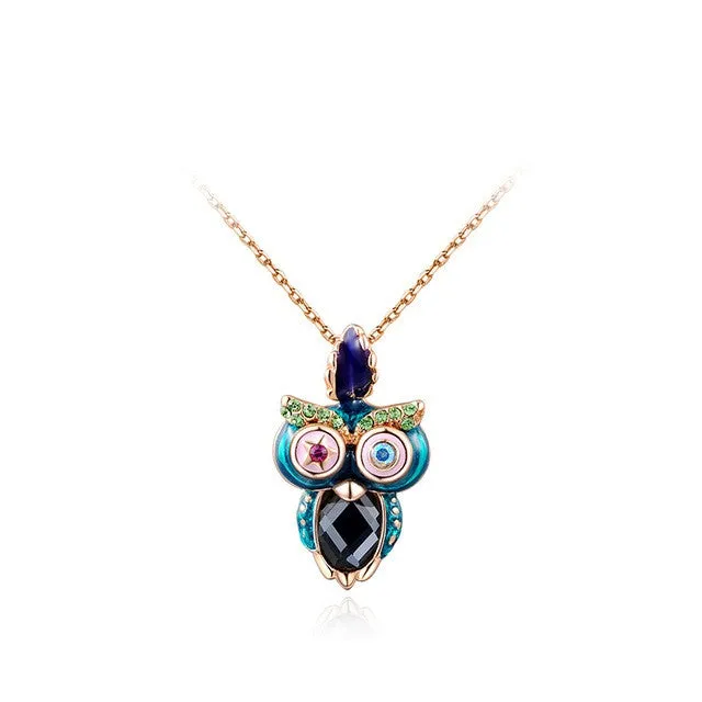 Fashion multicolor Owl Necklace with Austrian Crystal Gold Plated Women Jewelry
