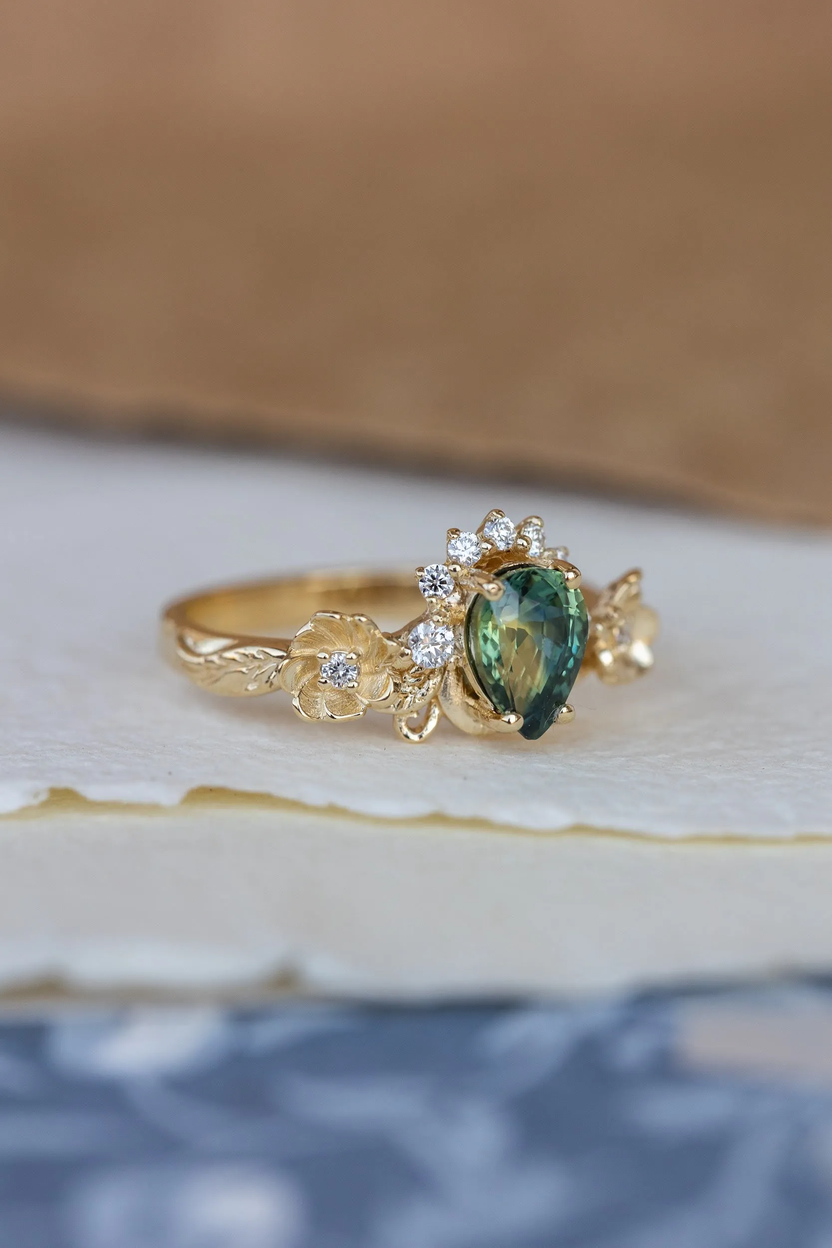 Green sapphire engagement ring with accent diamonds, flower style gold promise ring / Adelina