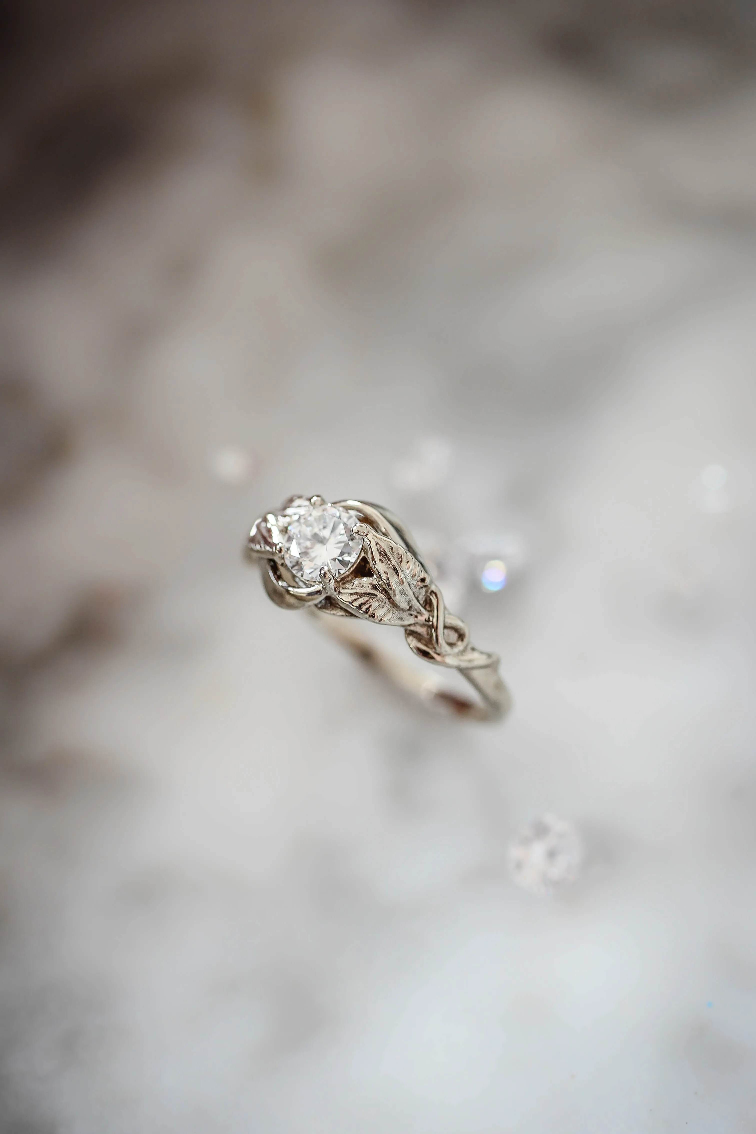 Lab grown diamond leaf engagement ring, rose gold nature inspired ring / Azalea