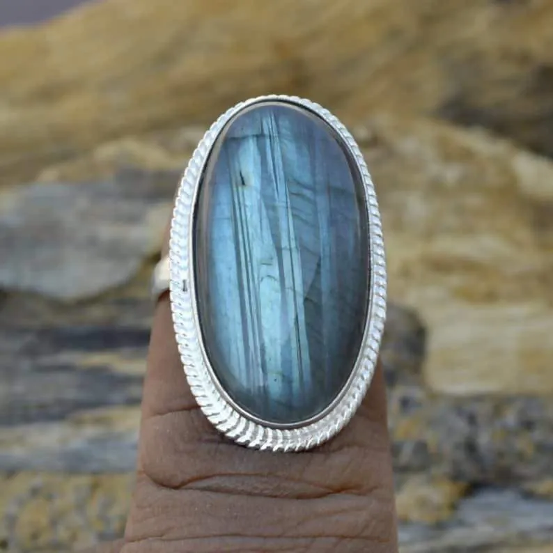 Labradorite Gemstone Ring, 925 Sterling Silver Jewelry, Handmade Ring, Oval Labradorite Blue Flash Ring, Rings For Woman