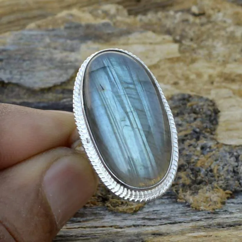 Labradorite Gemstone Ring, 925 Sterling Silver Jewelry, Handmade Ring, Oval Labradorite Blue Flash Ring, Rings For Woman
