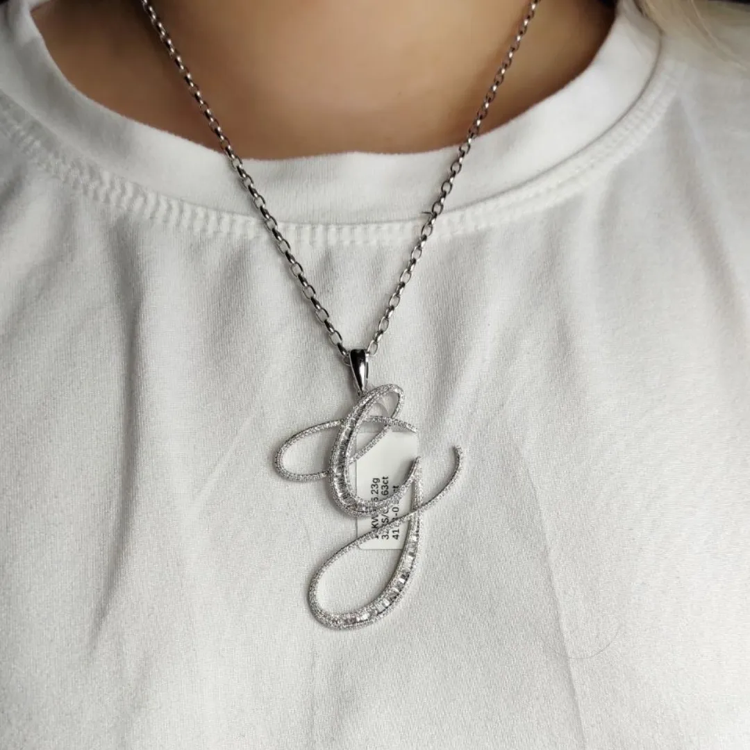 Letter G Diamond Pendant 14K White Gold