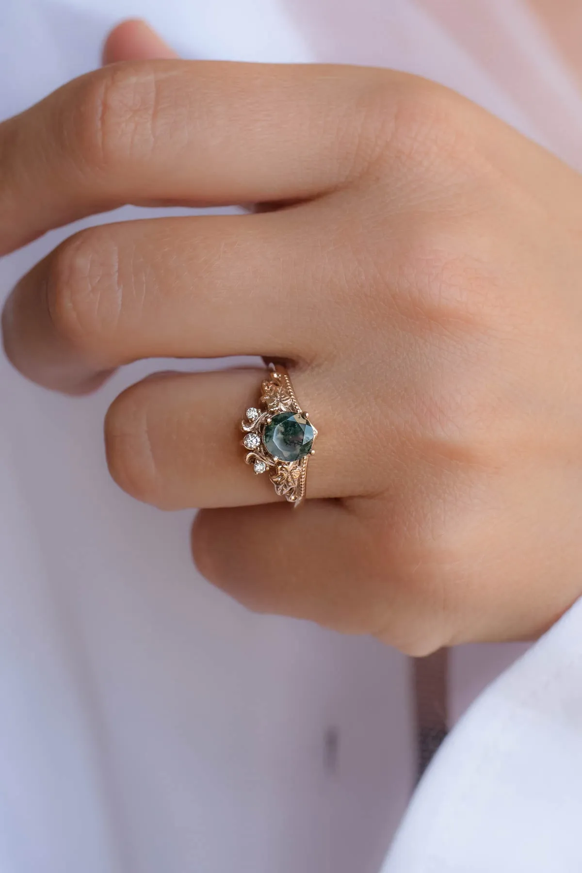 Moss agate gold ring set, diamond engagement ring set / Ariadne