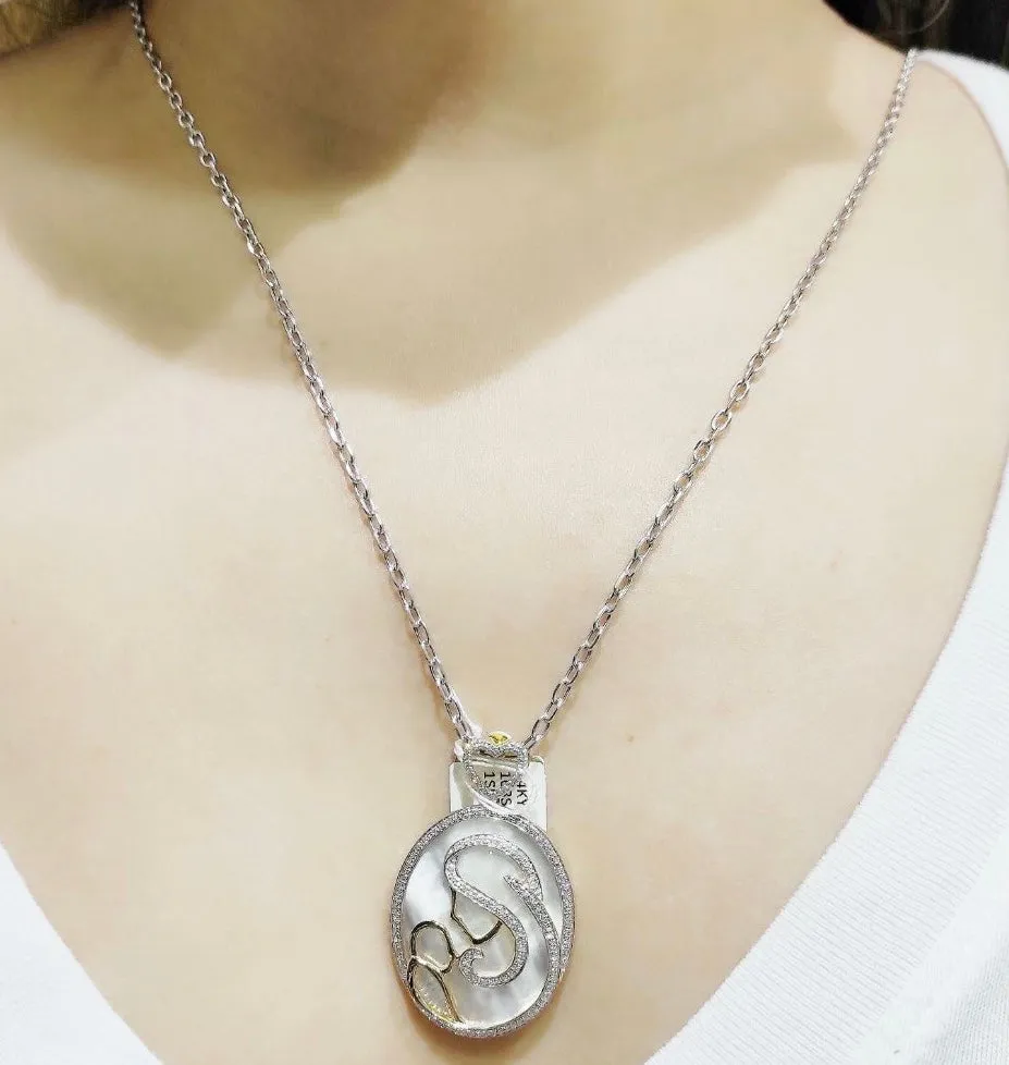 Mother & Child Mother of Pearl Diamond Pendant 14K White Gold