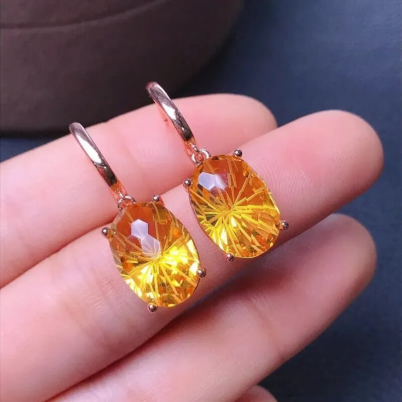 Natural Citrine Gemstone 925 Sterling Silver Drop Earrings