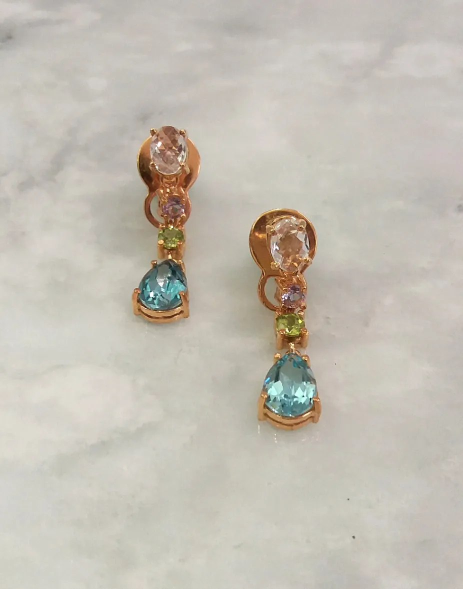 Oval White Topaz Studs with Amethyst, Peridot & Teardrop Blue Topaz detachable dangle Twinset Earrings