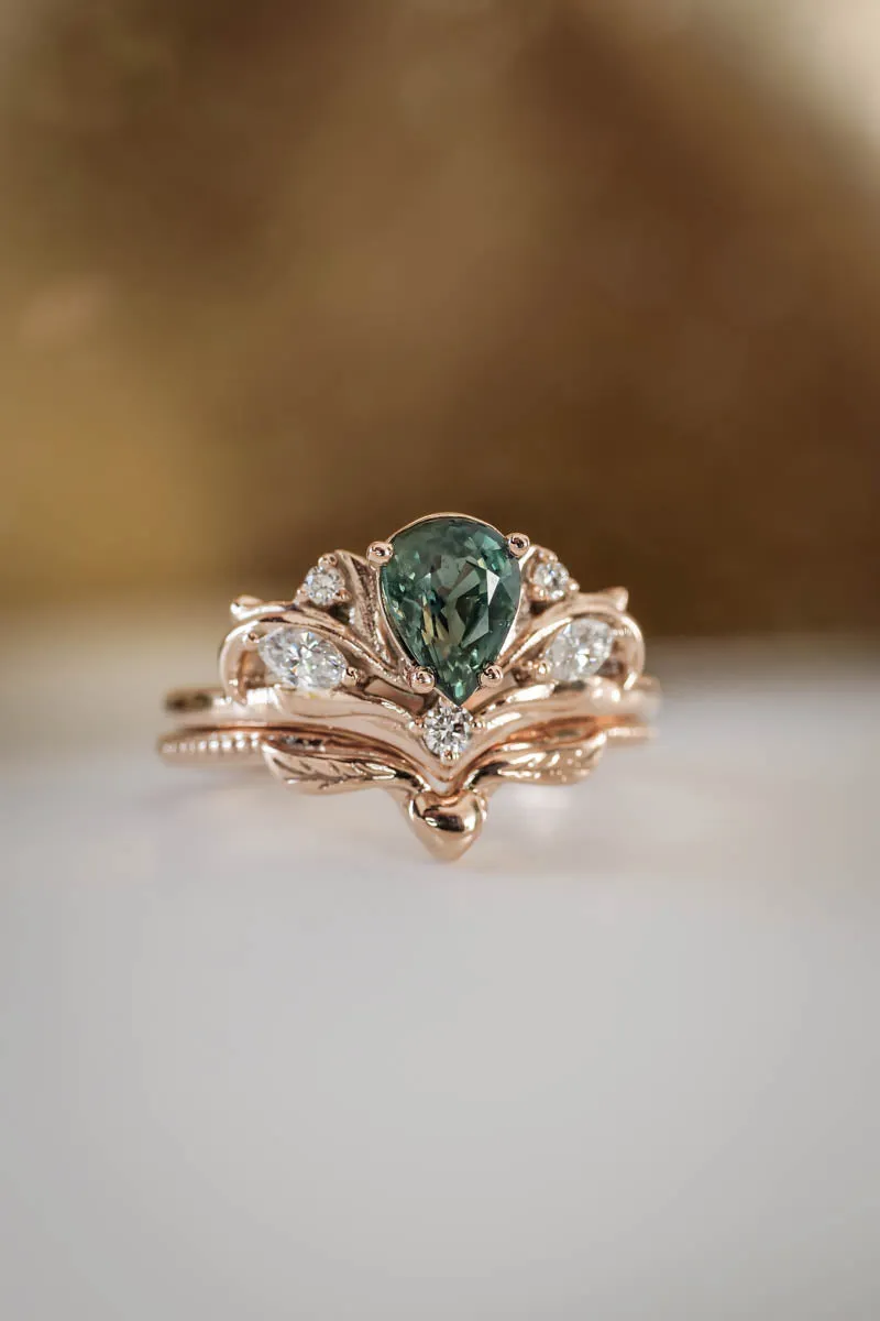 Pear cut green sapphire engagement ring with diamonds or moissanites / Swanlake