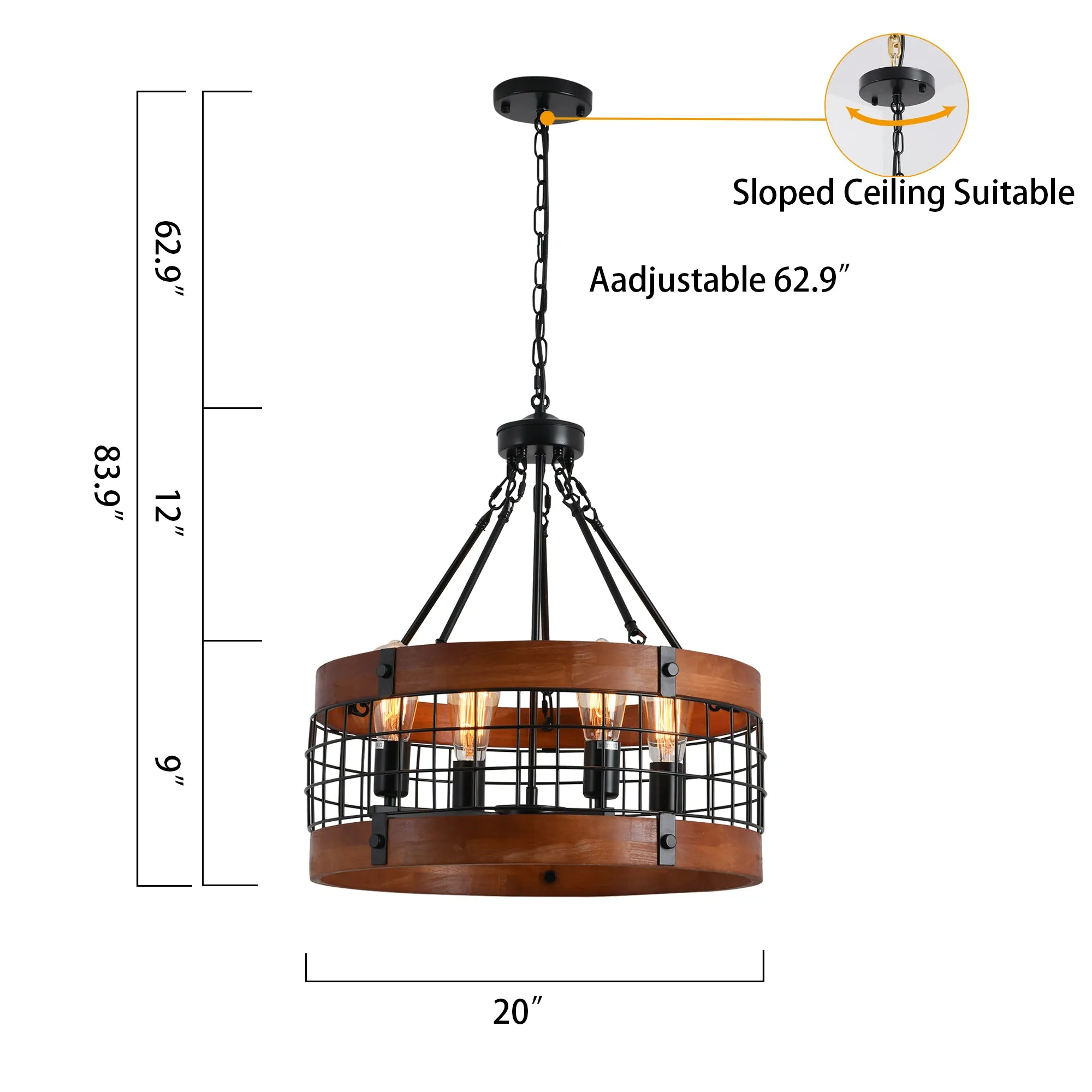 River Quinn 4 Light Industrial Circular Pendant in Iron and Wood