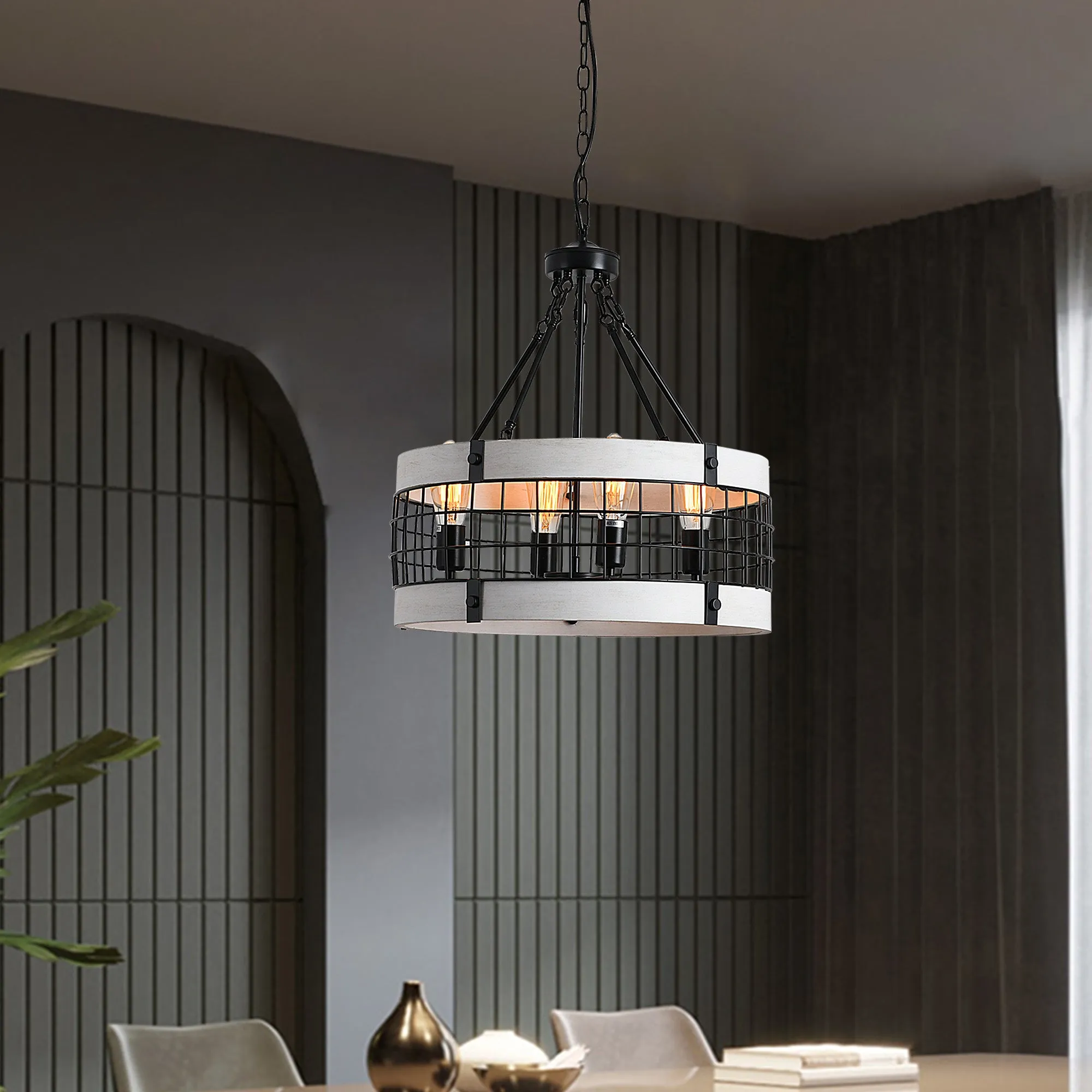 River Quinn 4 Light Industrial Circular Pendant in Iron and Wood