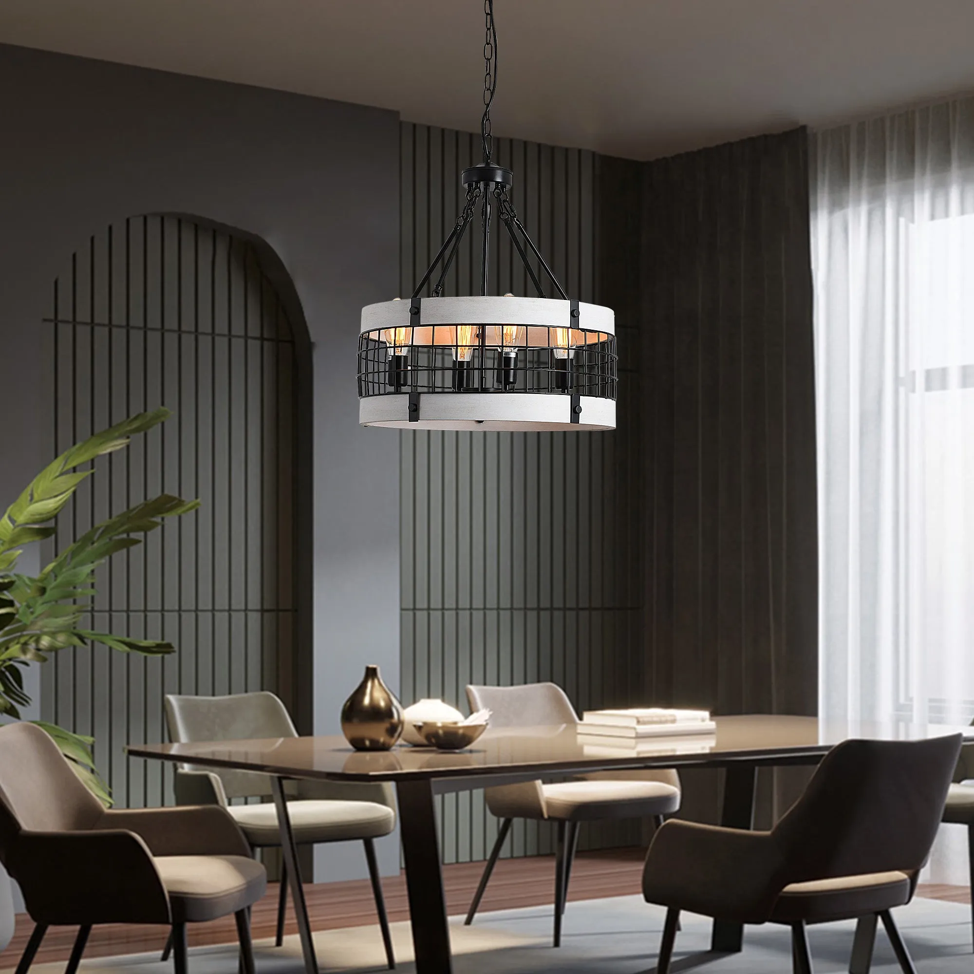 River Quinn 4 Light Industrial Circular Pendant in Iron and Wood
