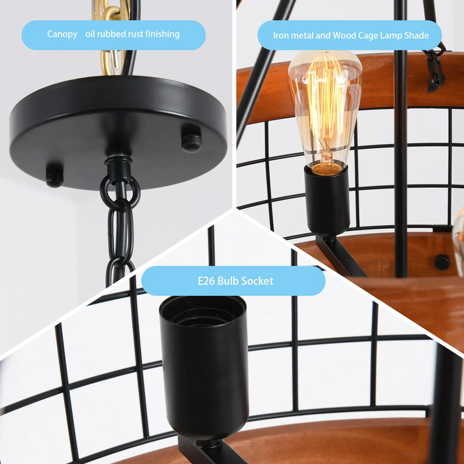 River Quinn 4 Light Industrial Circular Pendant in Iron and Wood