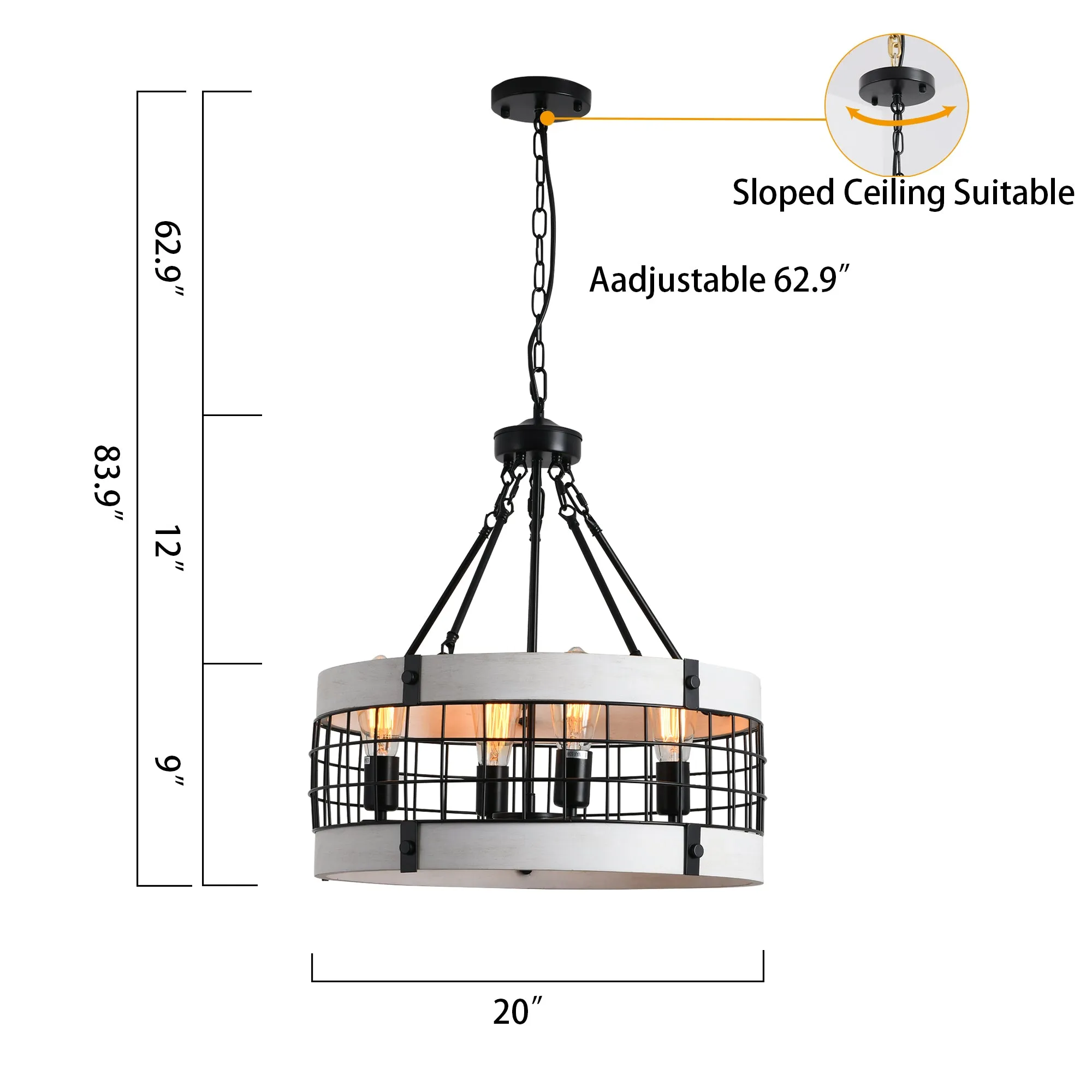 River Quinn 4 Light Industrial Circular Pendant in Iron and Wood