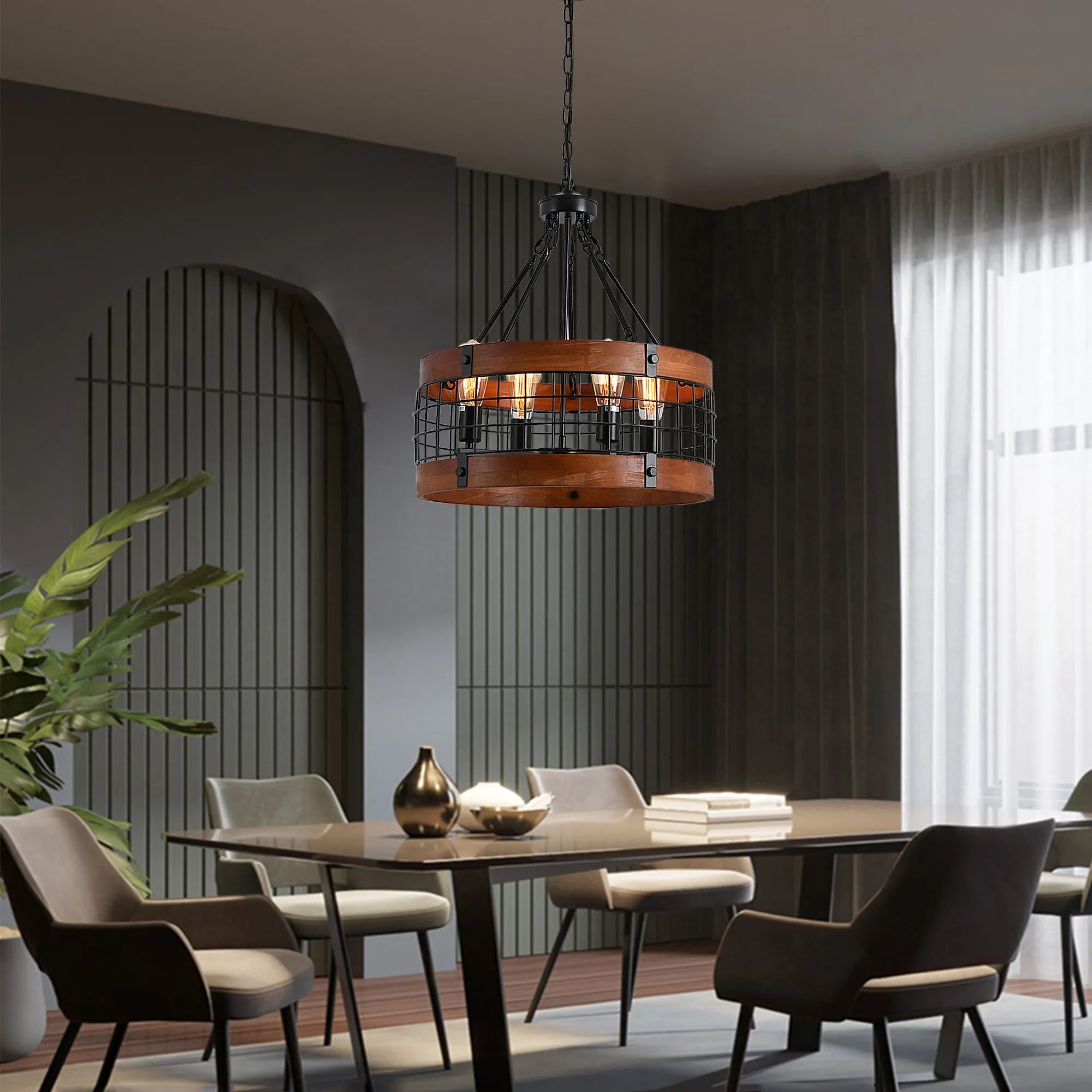 River Quinn 4 Light Industrial Circular Pendant in Iron and Wood