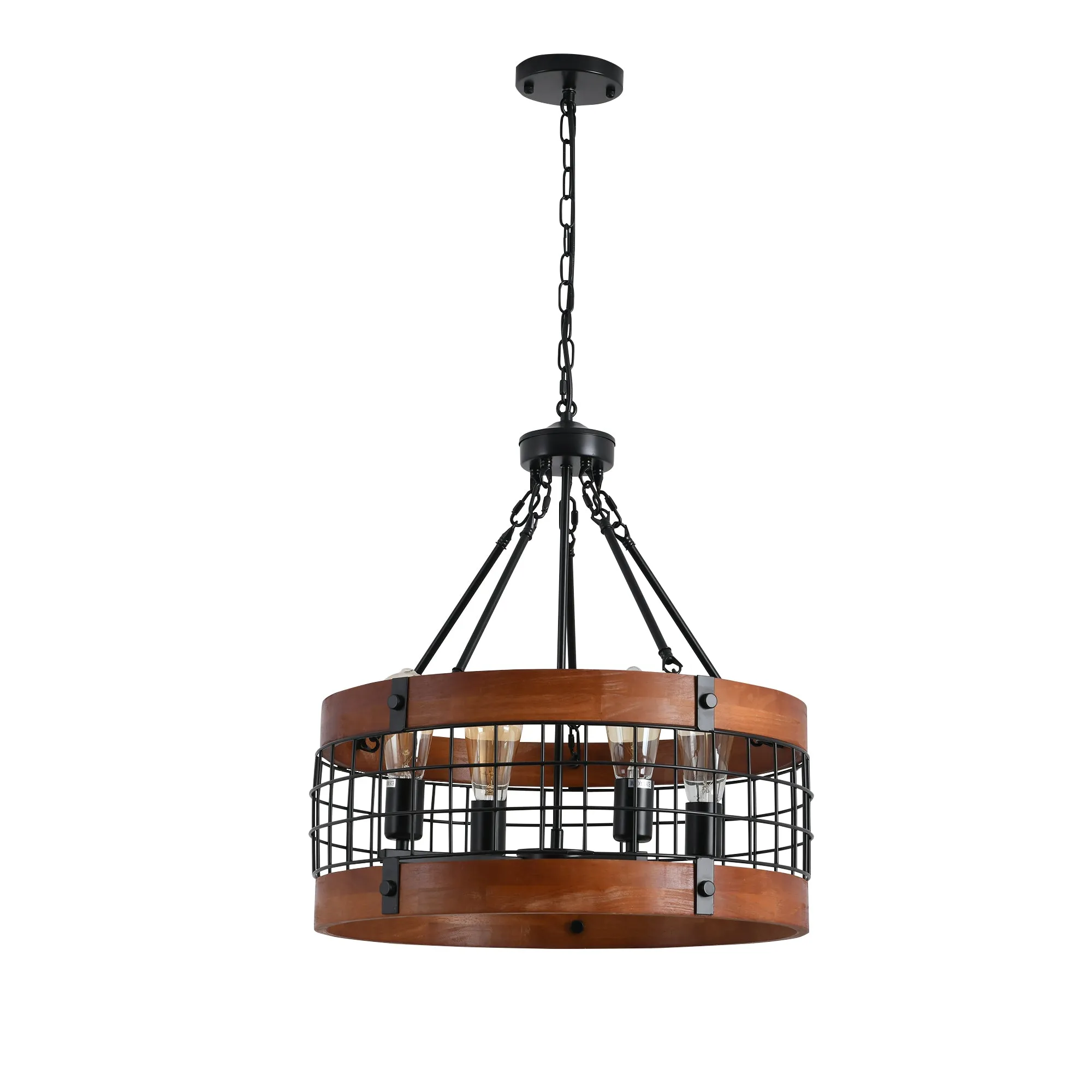 River Quinn 4 Light Industrial Circular Pendant in Iron and Wood