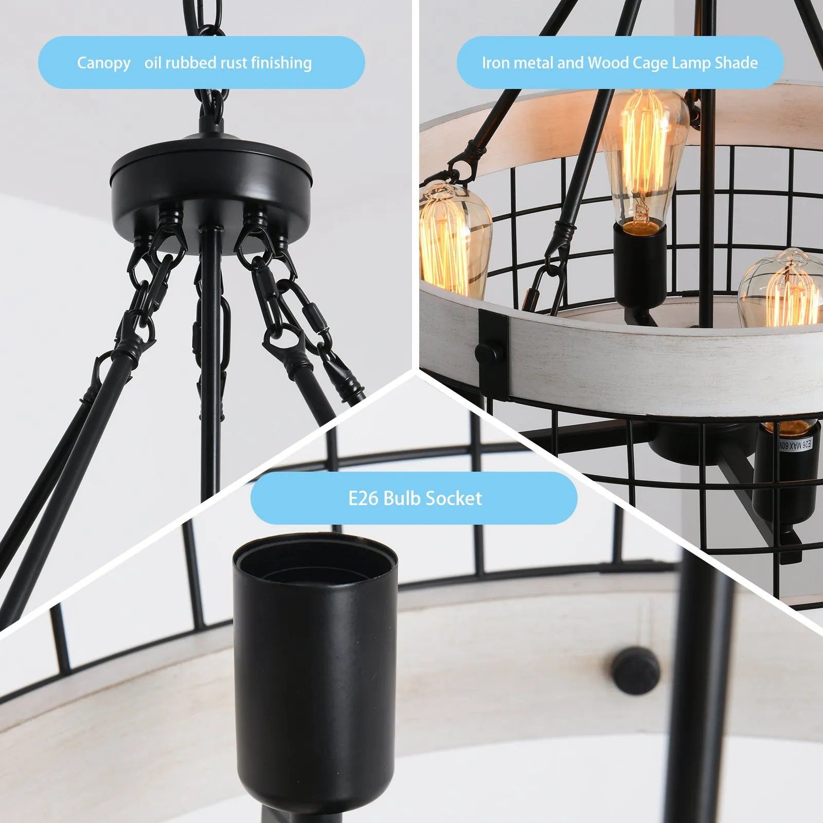 River Quinn 4 Light Industrial Circular Pendant in Iron and Wood