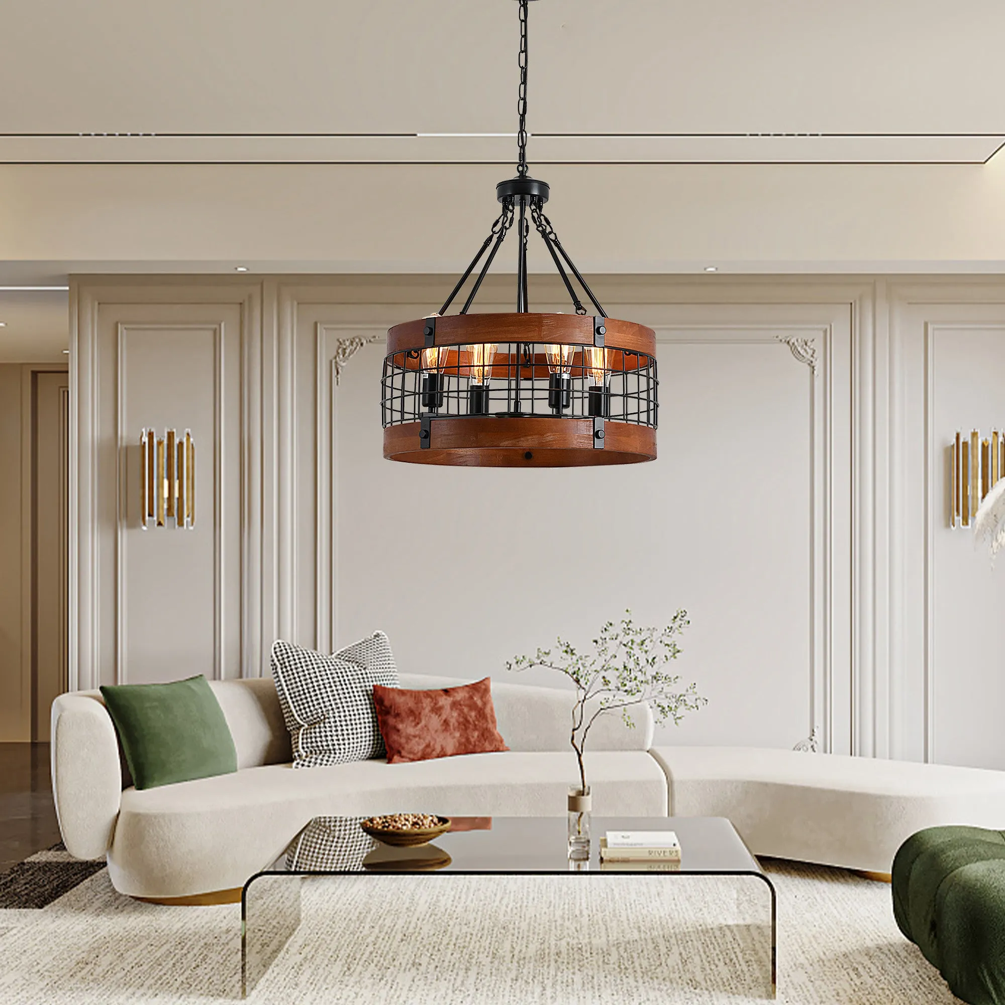 River Quinn 4 Light Industrial Circular Pendant in Iron and Wood