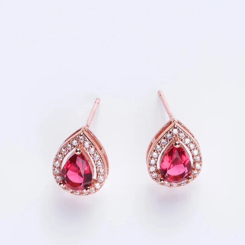 Rose Gold Color Ruby Red Water Drop Stud Earrings