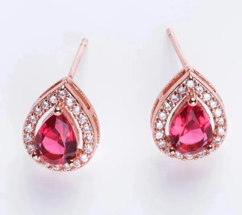 Rose Gold Color Ruby Red Water Drop Stud Earrings