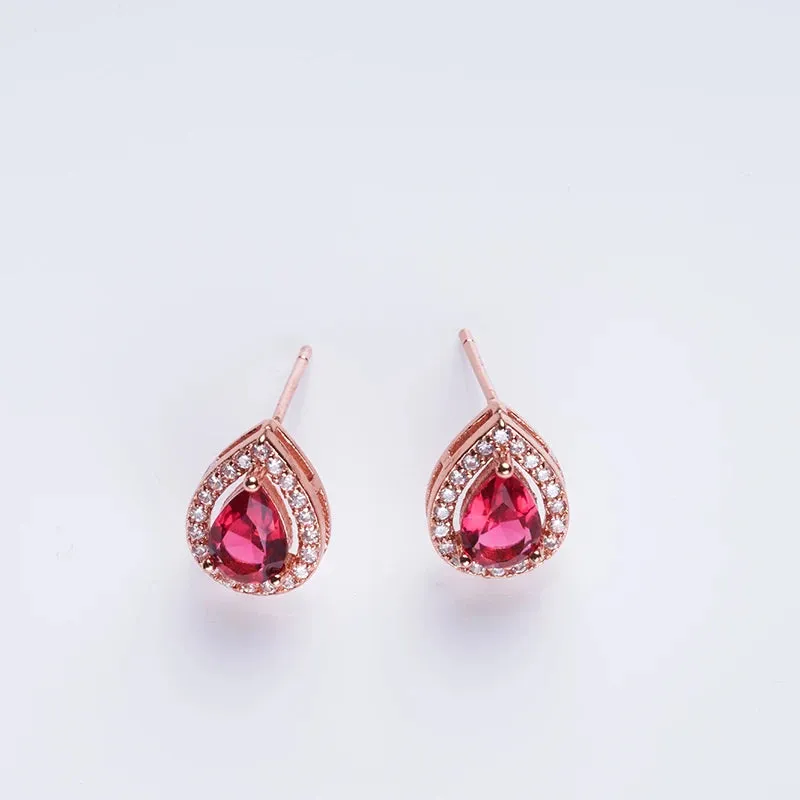 Rose Gold Color Ruby Red Water Drop Stud Earrings