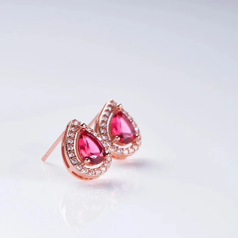 Rose Gold Color Ruby Red Water Drop Stud Earrings