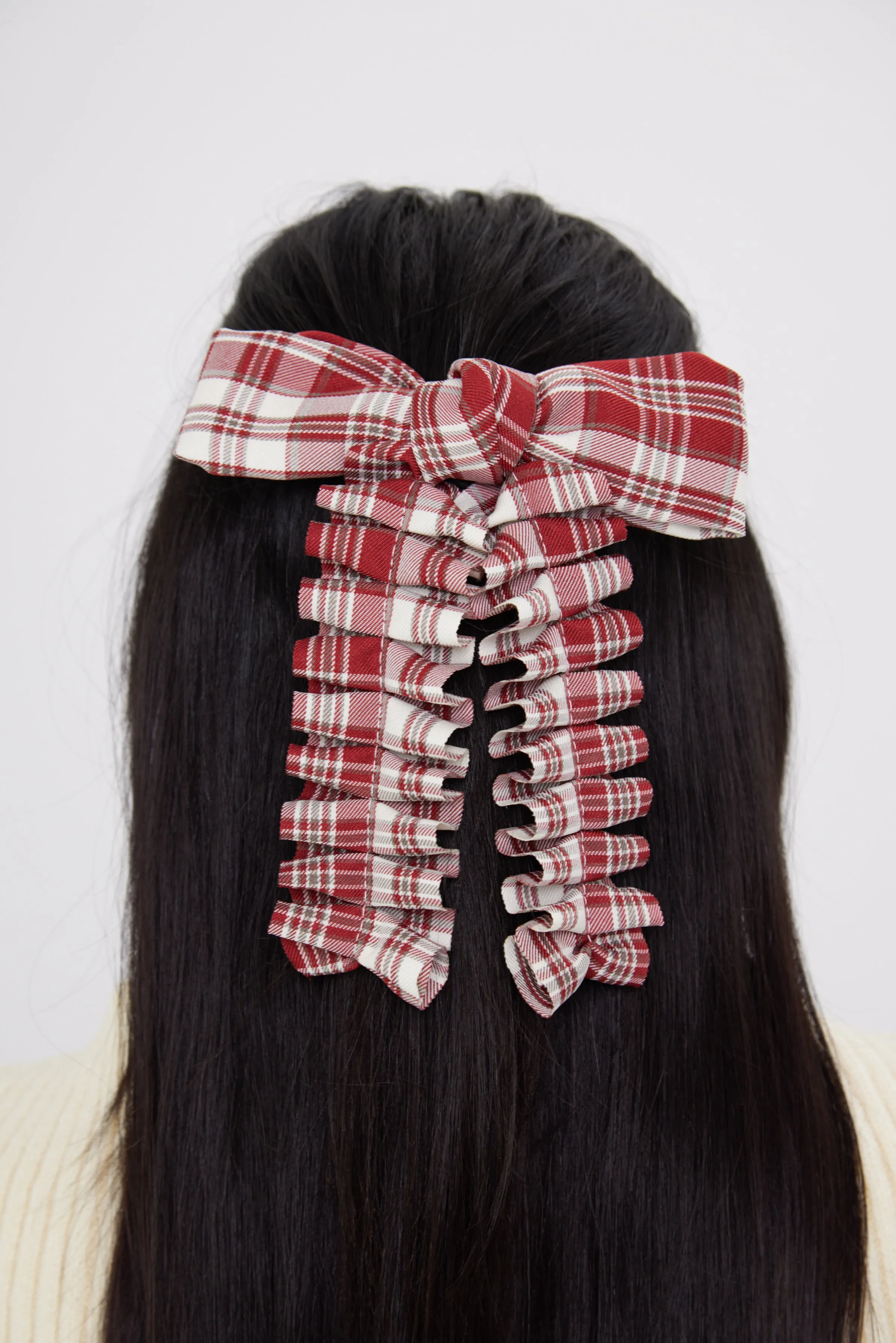 Ruched Check Bow Clip in Red