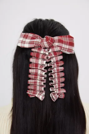 Ruched Check Bow Clip in Red
