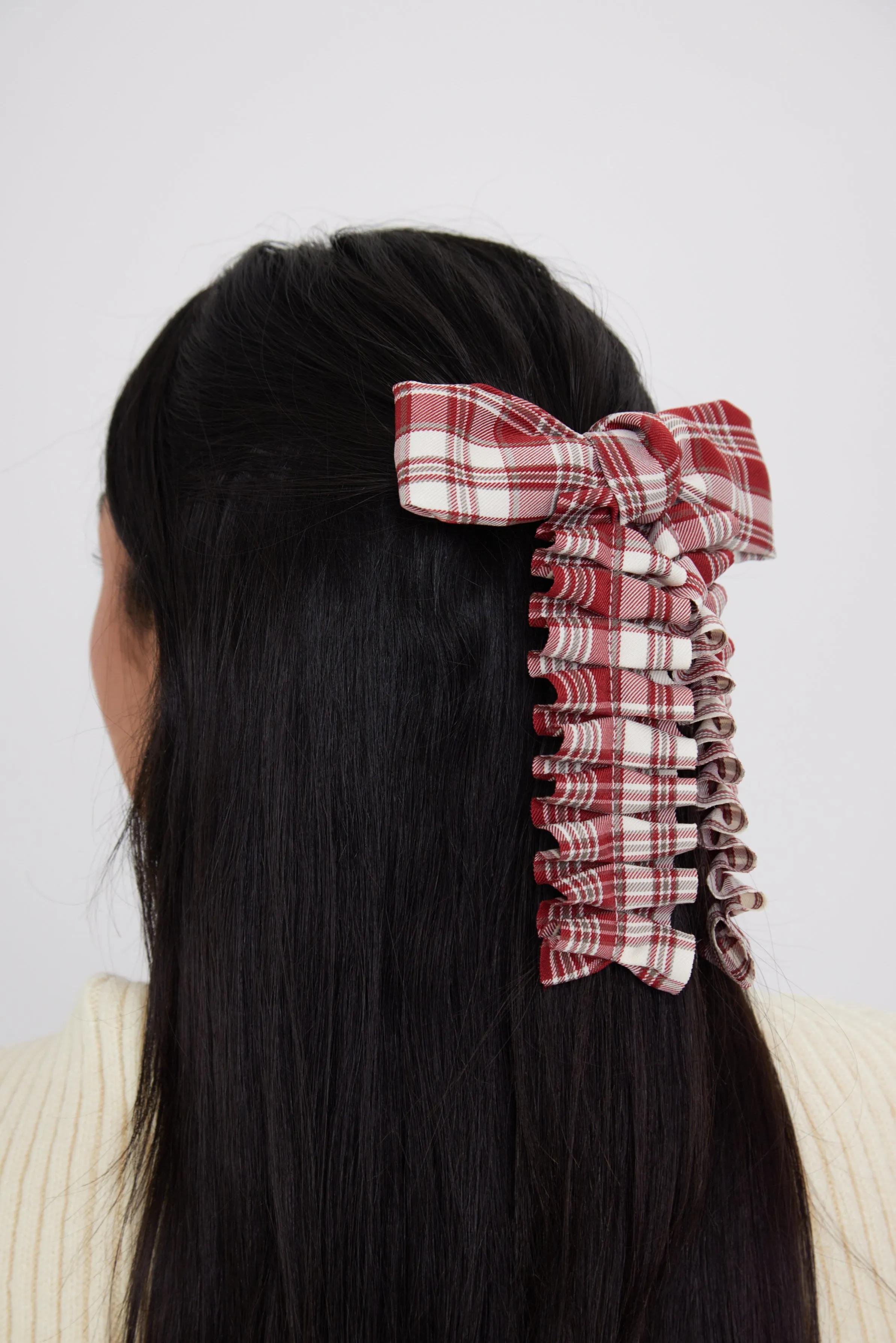 Ruched Check Bow Clip in Red